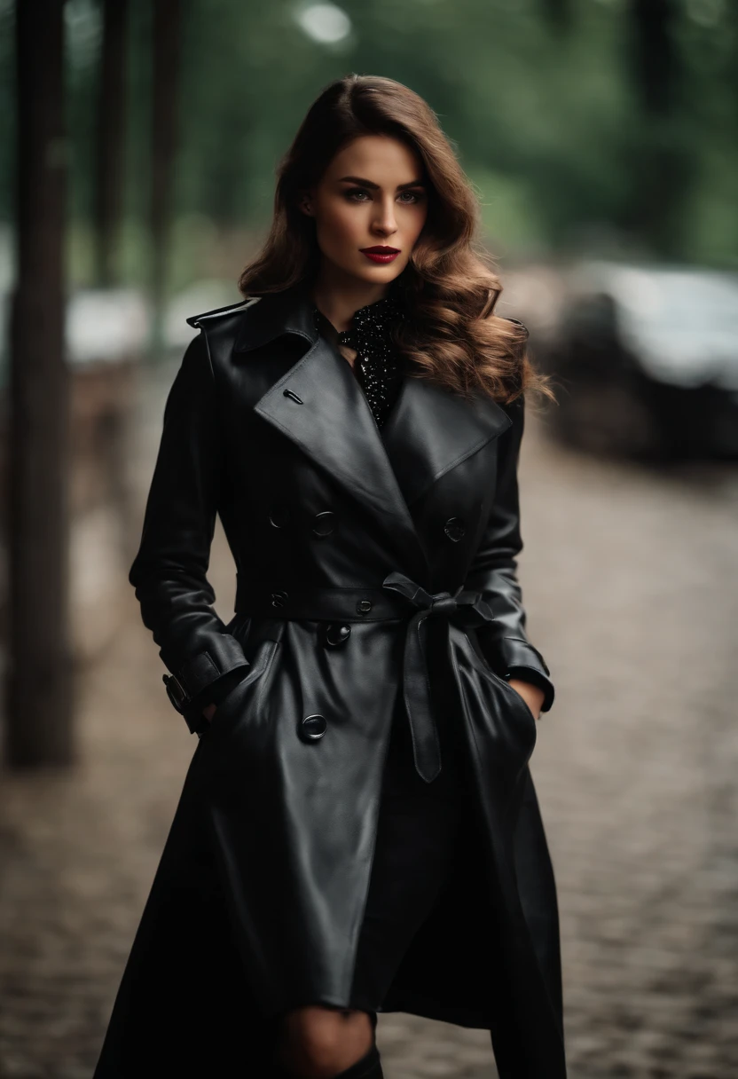 A woman in a black coat and boots standing on a sidewalk - SeaArt AI