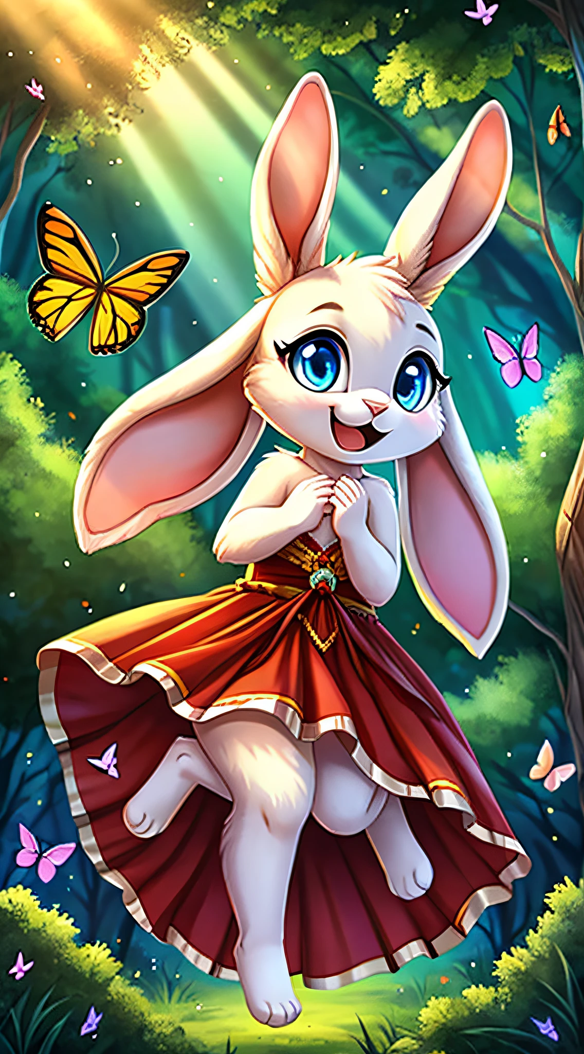 zoomed out image, fantasy style art, cute, adorable, short character, small, tiny, baby fluffy female white bunny with blue eyes, 4 ears, 2 extra ears, big floppy ears, long ears, ears perked up, raised ears, long eyelashes, wearing a red frilly ribbon dress, in a forest, playing with butterflies, colorful butterflies, hopping, big expressive smile, open mouth, wide eyes, excited eyes, excited face, stunning visuals, sunrays, digital illustration