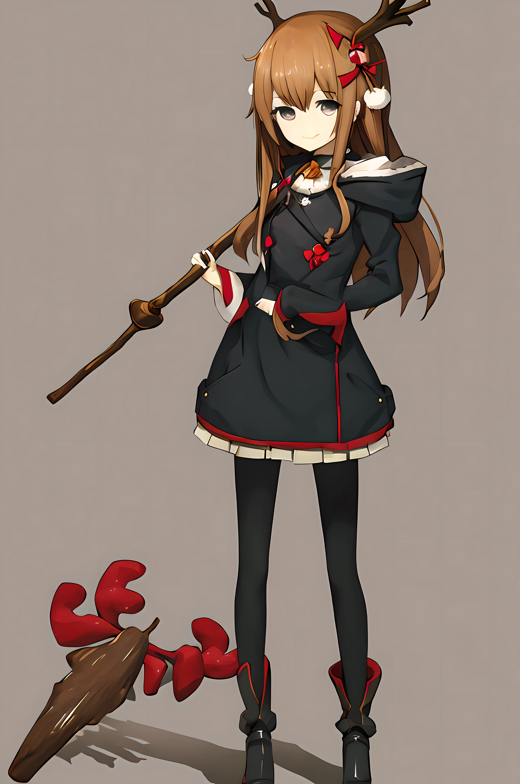 1 ite anime girl holding a staff, tiny build, hazelnut eyes, chestnut hair, long hair, two tiny antlers on the head, cheeky smile, standing straight, looking at viewers.