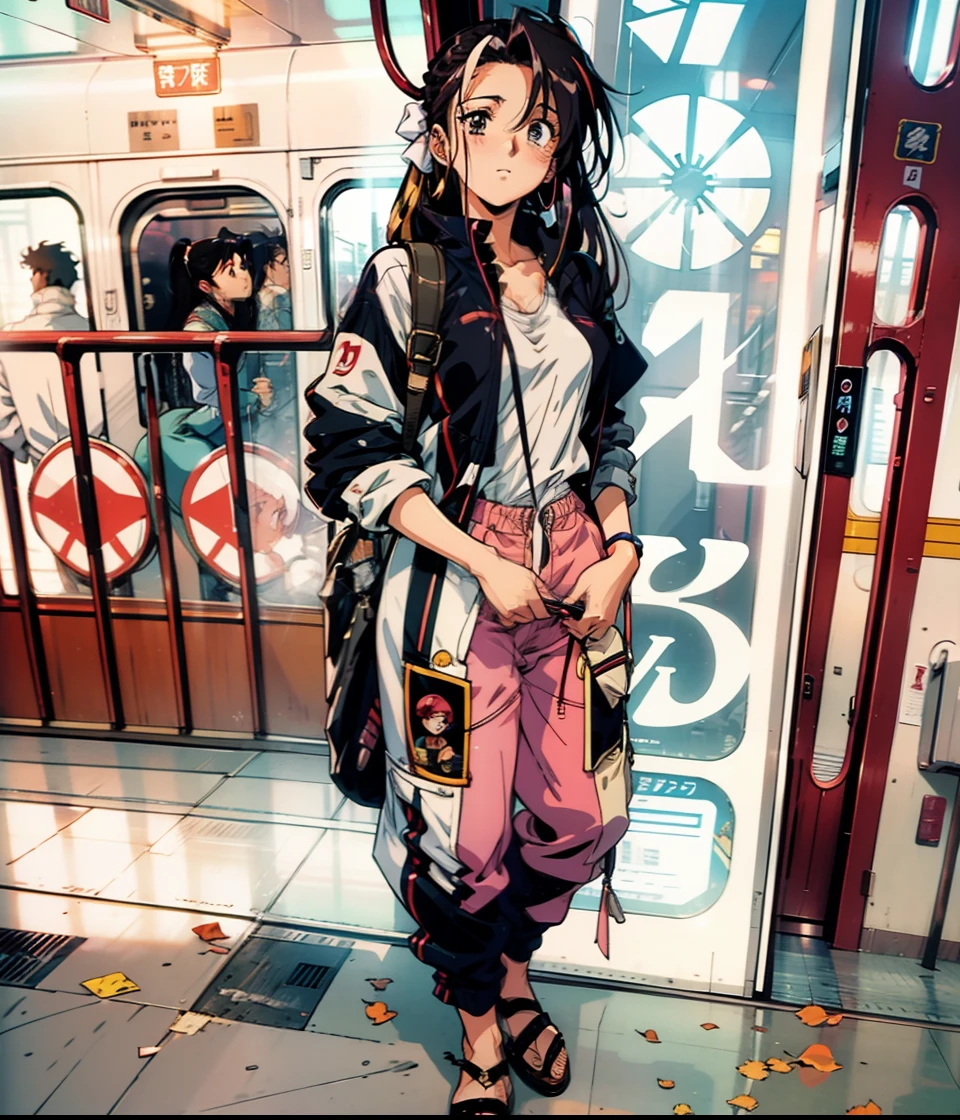 Masterpiece, high Quality, girl, hair tied up, hair with colorful highlights, exposed skin in a sexy way, big clothes, baggy clothes, comfortable clothes, indoors, night, sunset, train interior, distractedly fiddling with something,symetric background,aesthetic train interior,OVA,retro anime,retro artstyle,80s anime,eizin suzuki,