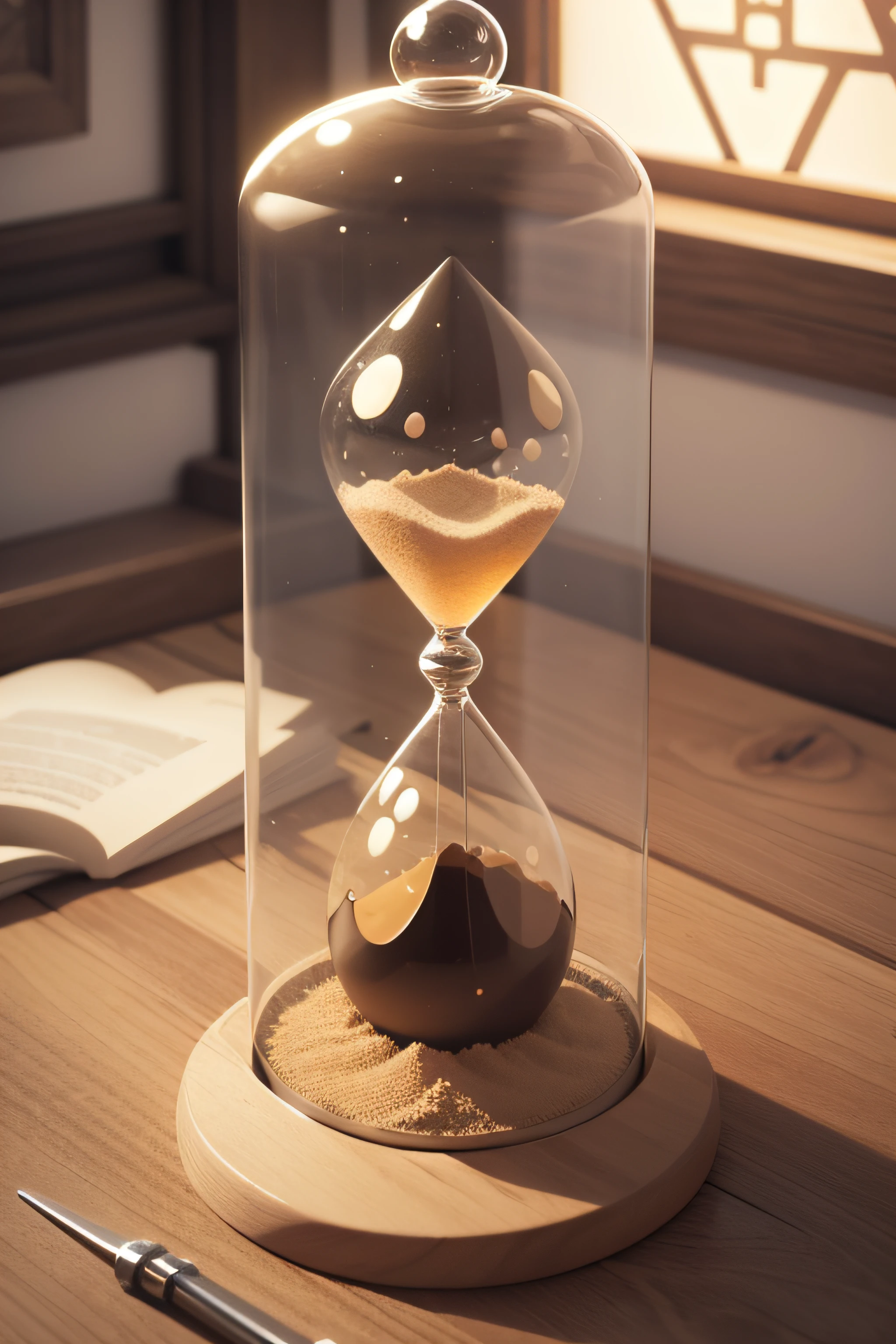 An hourglass is a three-dimensional object that resembles two cones connected at the base. Here are the visual details: - The hourglass has a symmetrical shape, with an upper and a lower part connected by a narrow neck in the center.
- It is often made of clear glass, but it can also be made of other materials, as metal or plastic. - A parte superior da ampulheta consiste em um cone invertido.
- Este cone tem uma base circular mais larga, which is the top of the hourglass.
- The circular base is flat and horizontal. - The bottom of the hourglass is also a cone, But this cone is oriented differently, com a base circular menor virada para cima.
- The lower circular base is identical in shape to the upper base, but smaller in diameter.
- The neck of the hourglass is a narrow part that connects the two bases.
- It is usually thinner at the midpoint and gradually widens towards the bases.
- The inside of the hourglass contains a granular material, como areia, glass grains or some other measuring material. - This material is placed on top of the hourglass and, when the hourglass is turned, it begins to flow through the neck to the bottom.
- Hourglasses are used as time measuring devices. When the hourglass is turned, The sand or measuring material takes a certain time to move from the upper cone to the lower cone, permitindo que as pessoas calculem a passagem do tempo com base na quantidade de material que se moveu.