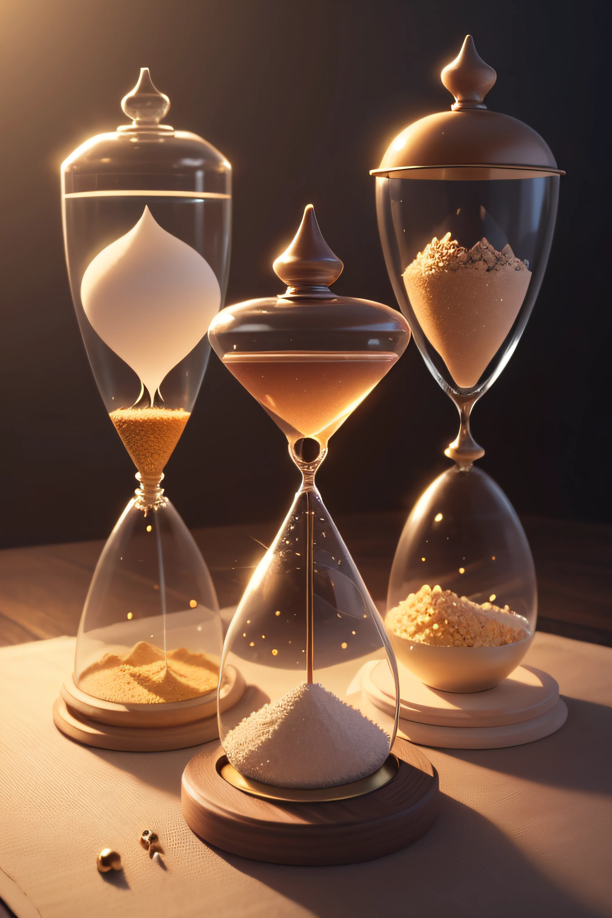 An hourglass is a three-dimensional object that resembles two cones connected at the base. Here are the visual details: - The hourglass has a symmetrical shape, with an upper and a lower part connected by a narrow neck in the center.
- It is often made of clear glass, but it can also be made of other materials, as metal or plastic. - A parte superior da ampulheta consiste em um cone invertido.
- Este cone tem uma base circular mais larga, which is the top of the hourglass.
- The circular base is flat and horizontal. - The bottom of the hourglass is also a cone, But this cone is oriented differently, com a base circular menor virada para cima.
- The lower circular base is identical in shape to the upper base, but smaller in diameter.
- The neck of the hourglass is a narrow part that connects the two bases.
- It is usually thinner at the midpoint and gradually widens towards the bases.
- The inside of the hourglass contains a granular material, como areia, glass grains or some other measuring material. - This material is placed on top of the hourglass and, when the hourglass is turned, it begins to flow through the neck to the bottom.
- Hourglasses are used as time measuring devices. When the hourglass is turned, The sand or measuring material takes a certain time to move from the upper cone to the lower cone, permitindo que as pessoas calculem a passagem do tempo com base na quantidade de material que se moveu.