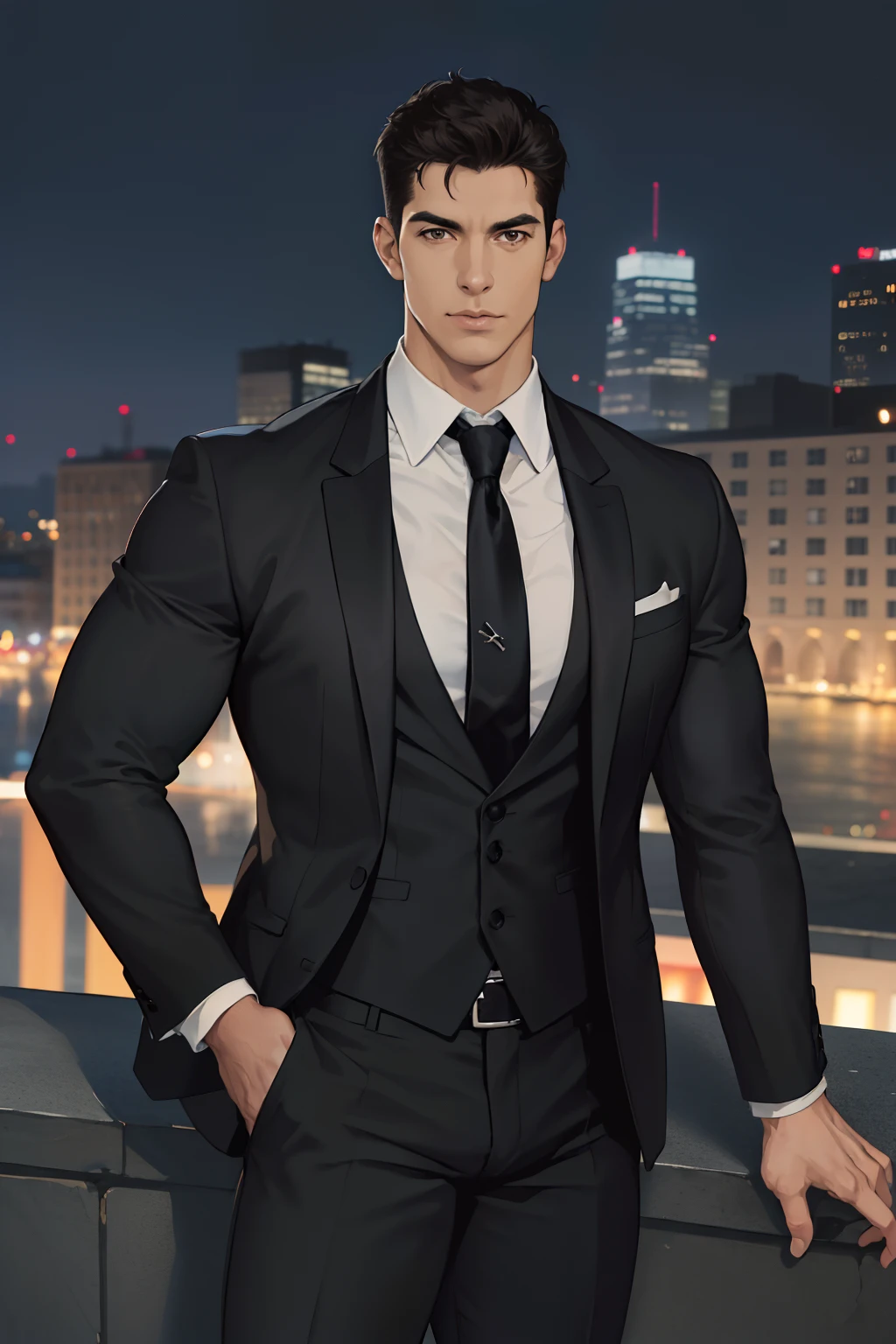 (absurdres, highres, ultra detailed, realistic, ), 1 male, solo, adult, mature, tall muscular guy, broad shoulders, handsome, very short hair, black hair, brown eyes, angular jaw, thick neck, thick eyebrows, night, dark, the night view of the city background, formal suit, necktie, upper body