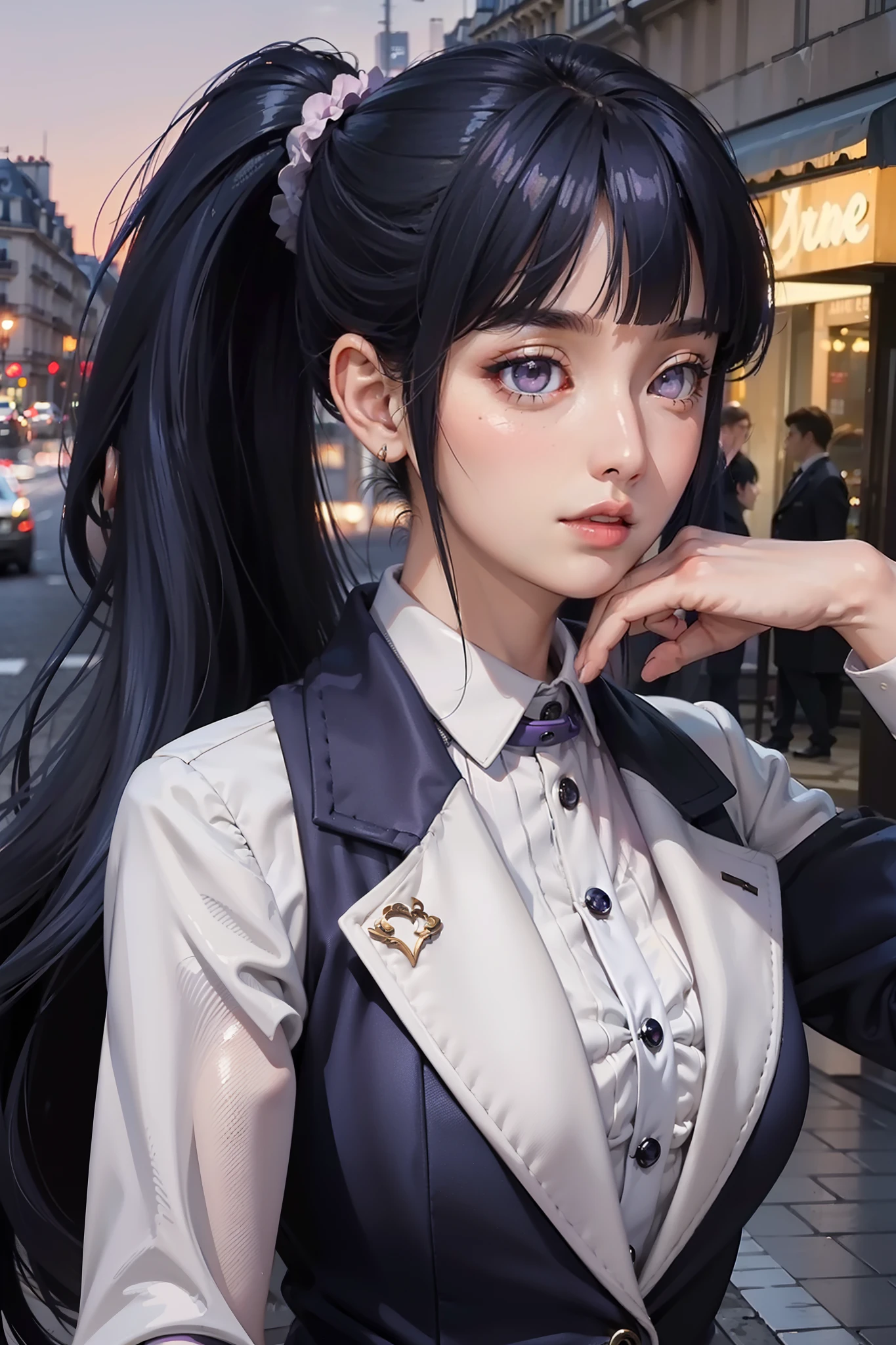 (((Masterpiece))), a top influencer woman, top quality, super detailed, cute and playful, classic blazer dress, long curly dark blue hair in high ponytail, blunt bangs, purple eyes, Paris city background