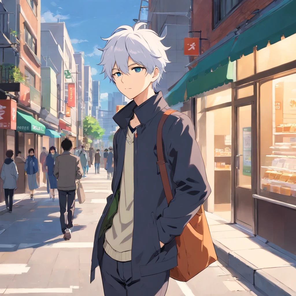 Create an animated scene of a young Gojo Satoru walking casually on a sidewalk with a simple background. Gojo Satoru, in his youthful appearance, has vibrant white hair with a hint of blue and striking blue eyes. He wears a stylish, modern outfit with a black high-collared jacket featuring subtle red accents, a crisp white shirt, and black pants. His hands are comfortably tucked into the pockets of his jacket. Gojo Satoru is holding a Starbucks paper bag in one hand, and there should be a relaxed and content expression on his face as he enjoys his coffee.
The background should be minimalistic, emphasizing the urban sidewalk setting with perhaps a few people passing by in the background. The animation should capture the youthful charm and confidence of Gojo Satoru as he strolls along the sidewalk, sipping his Starbucks coffee.