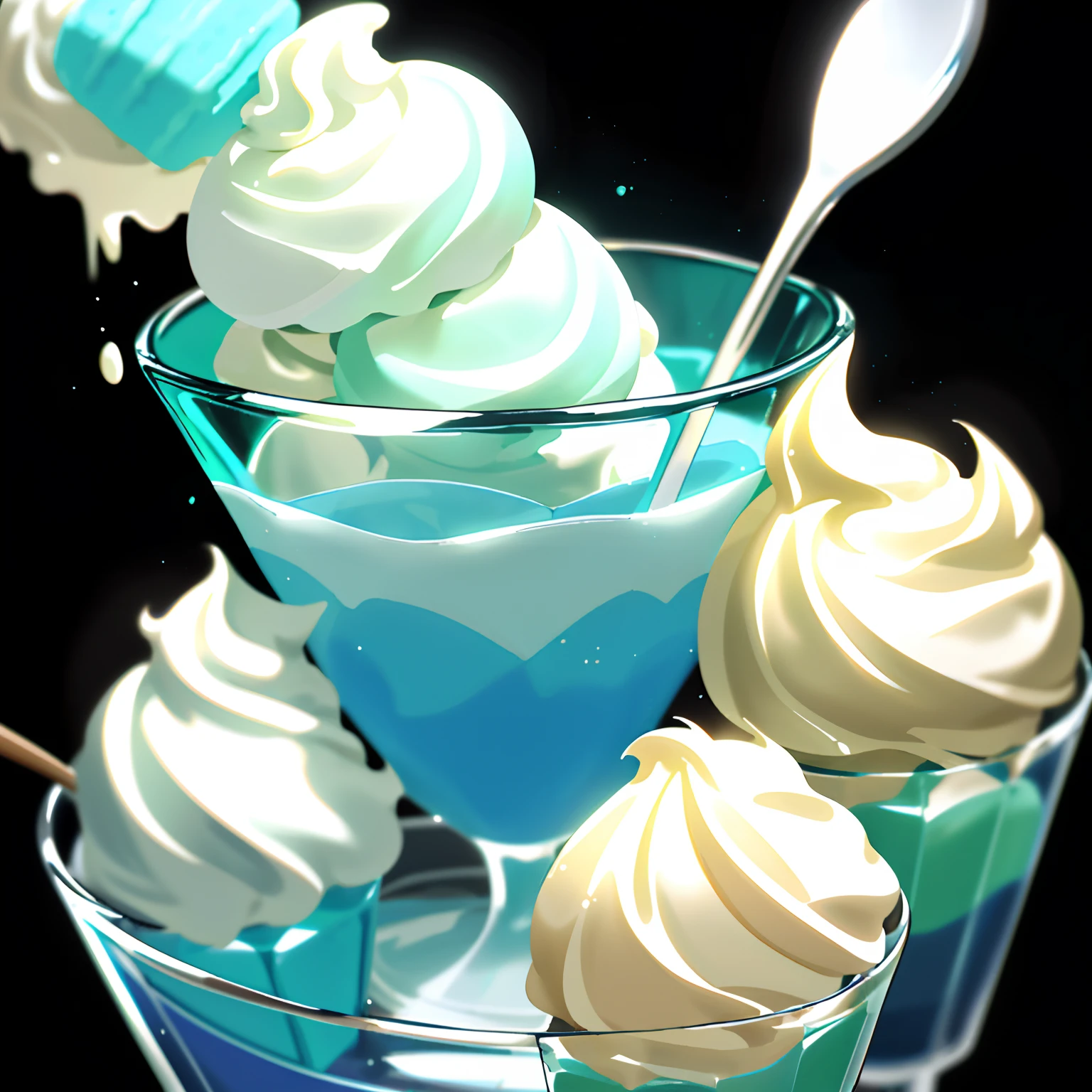 enjoy, icecream,deep blues, triple scoops, green glass, in wafer, whipped cream on ice cream, 8k