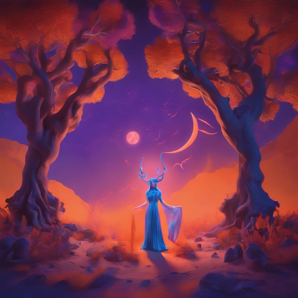 "(best quality, highres, ultra-detailed), The goddess casting mystical glowing spells in a haunted forest, orange and purple hues, portraits, vivid colors, extreme detail description, sharp focus, physically-based rendering, studio lighting, horror, witch, magical, eerie atmosphere, swirling fog, ethereal glow, ancient trees, twisted branches, moonlit sky, mysterious shadows, spellbinding, enchanting, hauntingly beautiful"