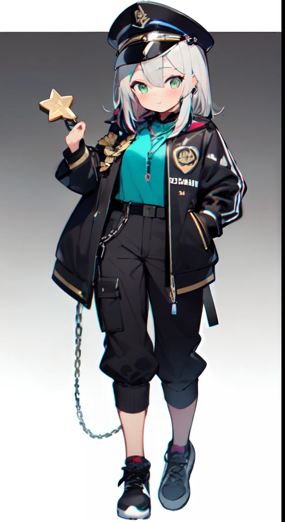 1girl, full body visible, happy face. dark purple hair, medium length. black highlights, dark green eyes. azure lane Bismarck hat, silver anchor on short chain attached to hat. open military jacket, ark knights style. military pants, las vegas golden knights shirt. split-color hair, hair ornament
