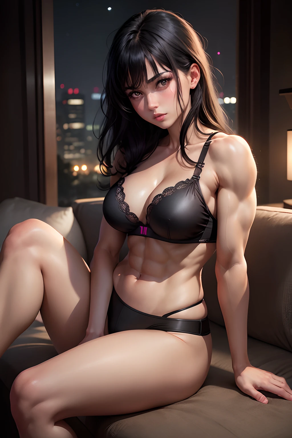 realistic, 1girl, black hair, pink eyes, glowing eyes, bra, parted lips, blush, abs, muscles, biceps, night, sitting down