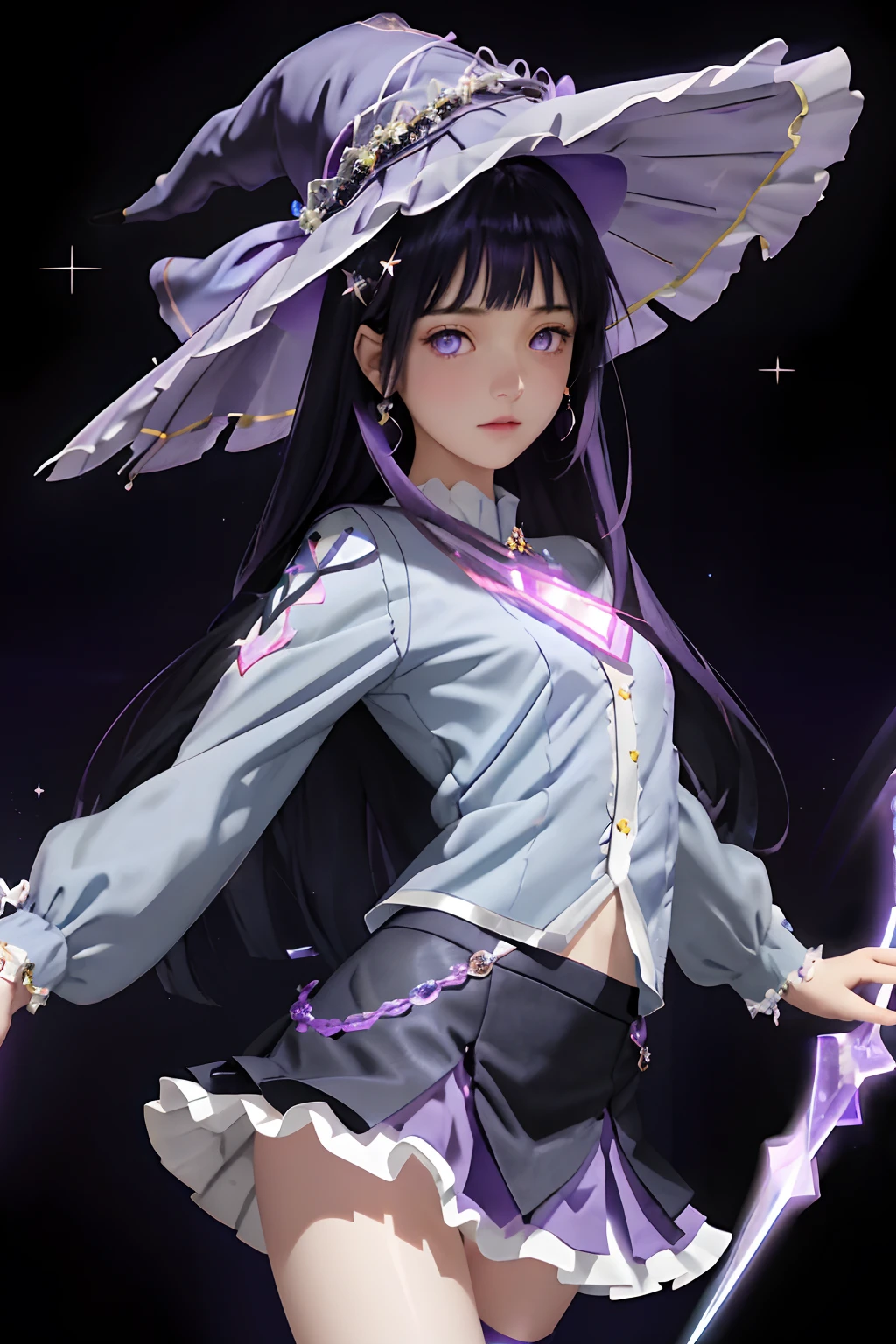 Lavender theme, masterpiece, magical girl, (impossible clothes:1.5), microskirt, gradient background, dark blue hair, , blunt bangs,sidelocks, purple eyes, (ulzzang-6500-v1.1:0.9)thigh gap, hair ornament, arched back, black_witch_hat,intricate_embellishments,Mystical_fountains,glowing_crystals