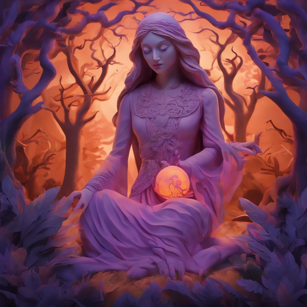 "(best quality, highres, ultra-detailed), The goddess casting mystical glowing spells in a haunted forest, orange and purple hues, portraits, vivid colors, extreme detail description, sharp focus, physically-based rendering, studio lighting, horror, witch, magical, eerie atmosphere, swirling fog, ethereal glow, ancient trees, twisted branches, moonlit sky, mysterious shadows, spellbinding, enchanting, hauntingly beautiful"