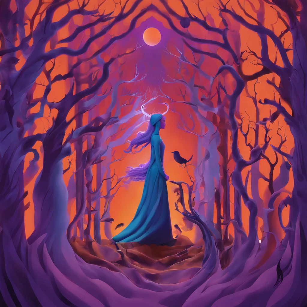 "(best quality, highres, ultra-detailed), The goddess casting mystical glowing spells in a haunted forest, orange and purple hues, portraits, vivid colors, extreme detail description, sharp focus, physically-based rendering, studio lighting, horror, witch, magical, eerie atmosphere, swirling fog, ethereal glow, ancient trees, twisted branches, moonlit sky, mysterious shadows, spellbinding, enchanting, hauntingly beautiful"