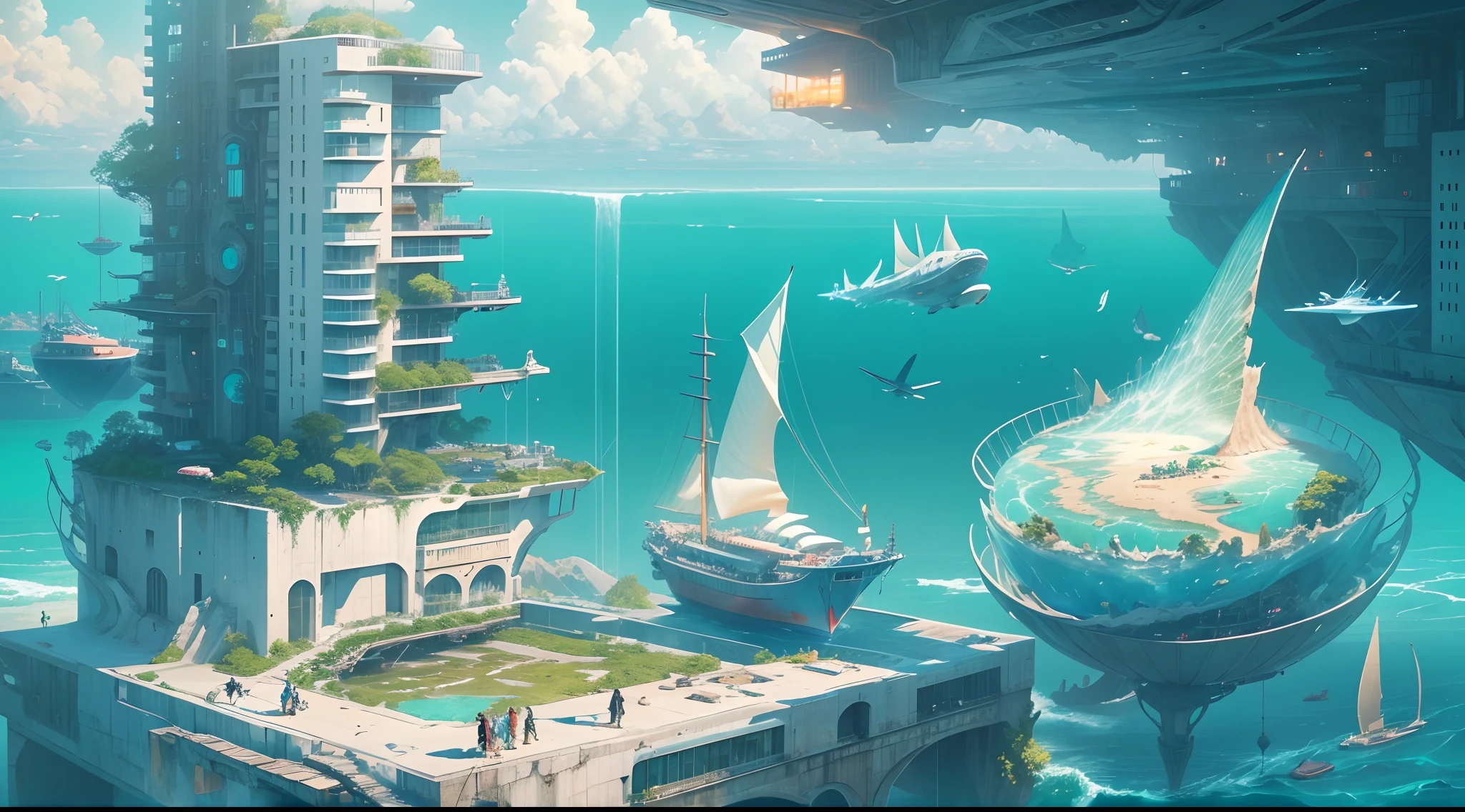 The water city of the future,Picturesque,It's mesmerizing。High-rise buildings rise from the ground,Standing in the middle of the blue ocean,Flying in the sky with all kinds of flying machines,Amphibious vehicles drive on the sea,It's like dancing with the sea,Color with the sky。above the sea,Laser beams pass through the crystal clear water,Showcases a busy traffic network。Every inch of the city is full of the power of science and technology and the wisdom of innovation,The light blue color and transparency of the sea are pleasant,Enjoy the harmonious beauty of nature。Over here,Humans live in harmony with the ocean,Building a better future together。Painted in luminous oil painting style. Create a fantastic atmosphere. High overall image quality, With ultra-detailed features and realistic, Photorealistic rendering. vibrant with colors,Light captures the essence of the future