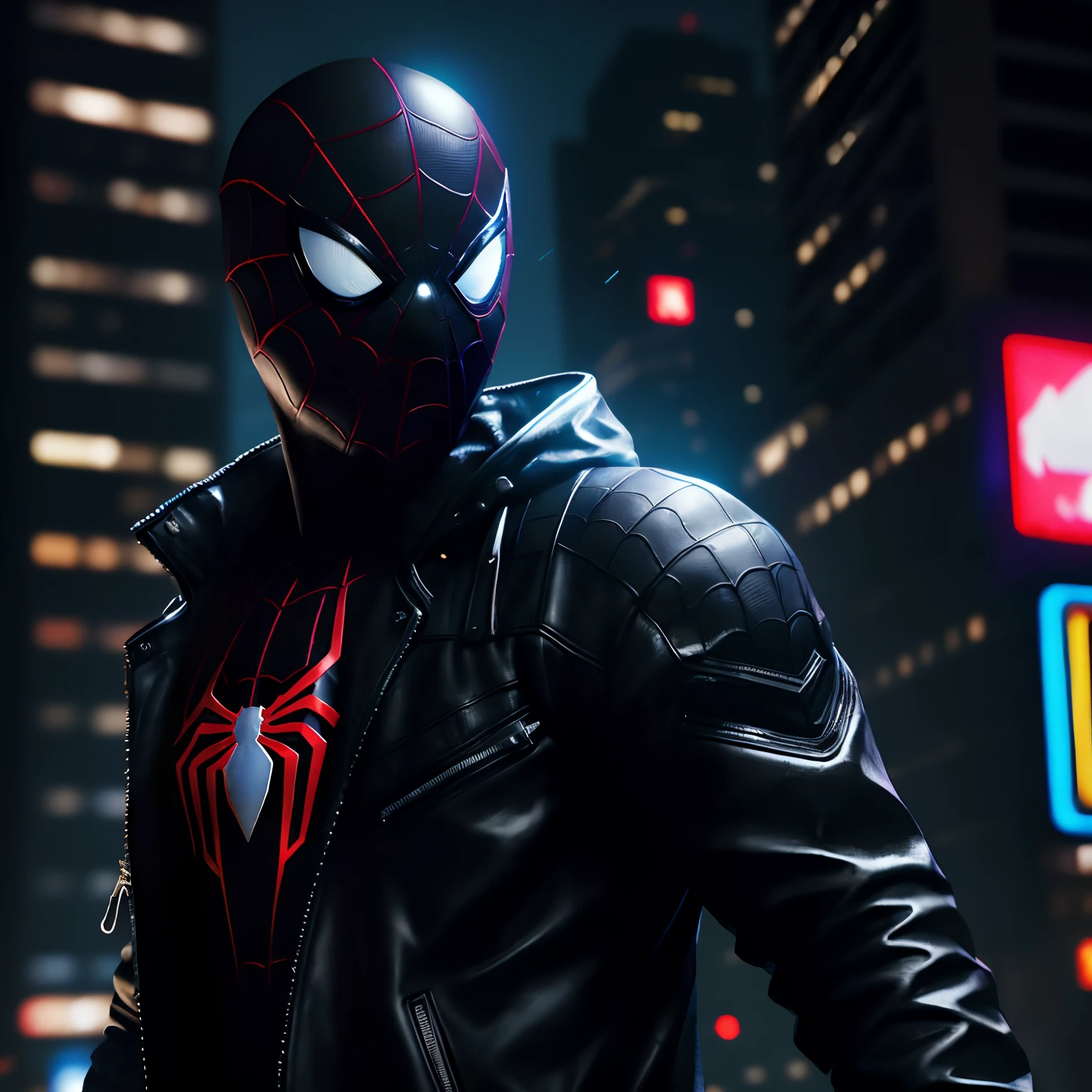 Black spider Man wearing a black jacket , (top-quality、8K、32K、masterpiece、)、(The ultra -The high-definition)、(Photorealsitic:1.4)、Raw photography,Perfect eyes,Charming perfect figure,actionpose:1.2,Detailed cyberpunk fashion、World of Cyberpunk,depth of fields,blurry backround,、