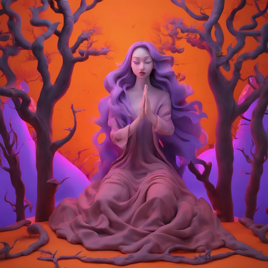 "(best quality, highres, ultra-detailed), The goddess casting mystical glowing spells in a haunted forest, orange and purple hues, portraits, vivid colors, extreme detail description, sharp focus, physically-based rendering, studio lighting, horror, witch, magical, eerie atmosphere, swirling fog, ethereal glow, ancient trees, twisted branches, moonlit sky, mysterious shadows, spellbinding, enchanting, hauntingly beautiful"