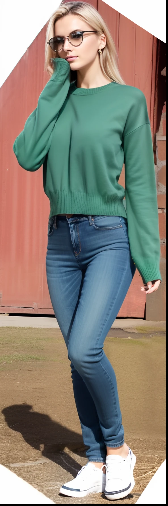 raw photo, 
(dynamic angle, dynamic pose:1.2), outdoors, street, city, (portrait, legs focus, full body), (beautiful face, beautiful eyes, beautiful legs:1.3), scandinavian woman in green shirt and jeans, full body close-up shot, close up half body shot, full body shot close up, waist - shot, casual pose, middle shot waist up, zoomed out full body, half body cropping, wearing a green sweater, close up to a skinny, close full body shot, blonde hair, blue eyes,