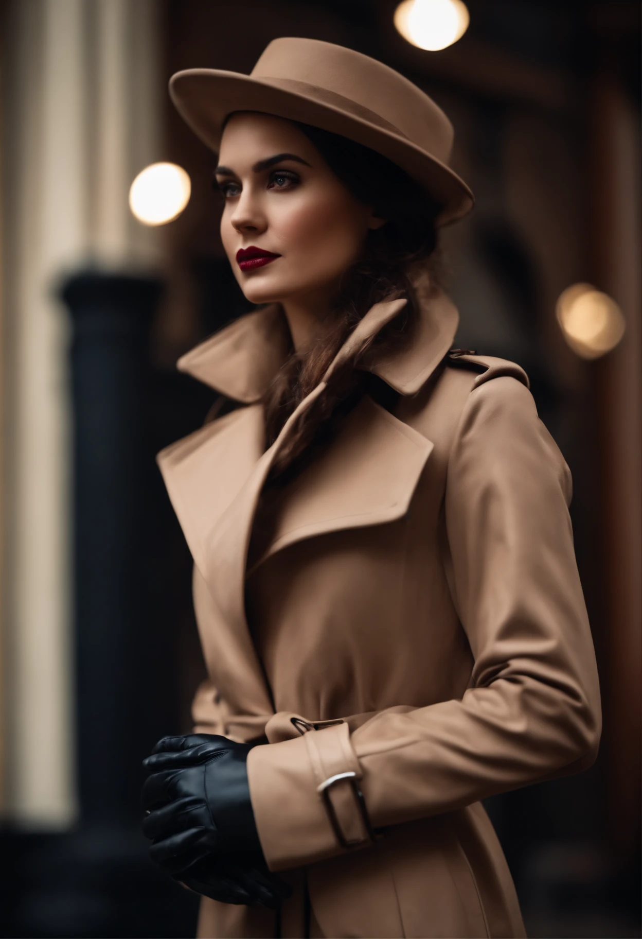 doll face femele trench coat Black leather gloves