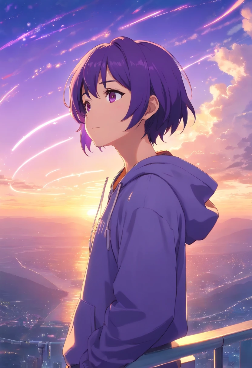 tmasterpiece, beste-Qualit, filmstill, 1 guy, purple hair, shoulder-length hair, blue hoodie, horns of purple hair, yellow eyes, yellow eyeball, black jeans, soaring in the sky, a closeup of a, The vibrant, a happy, warm soft lighting, Sundown, (sparks: 0,7)