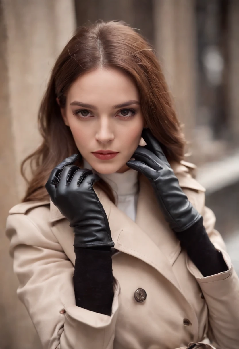 doll face femele trench coat Black leather gloves