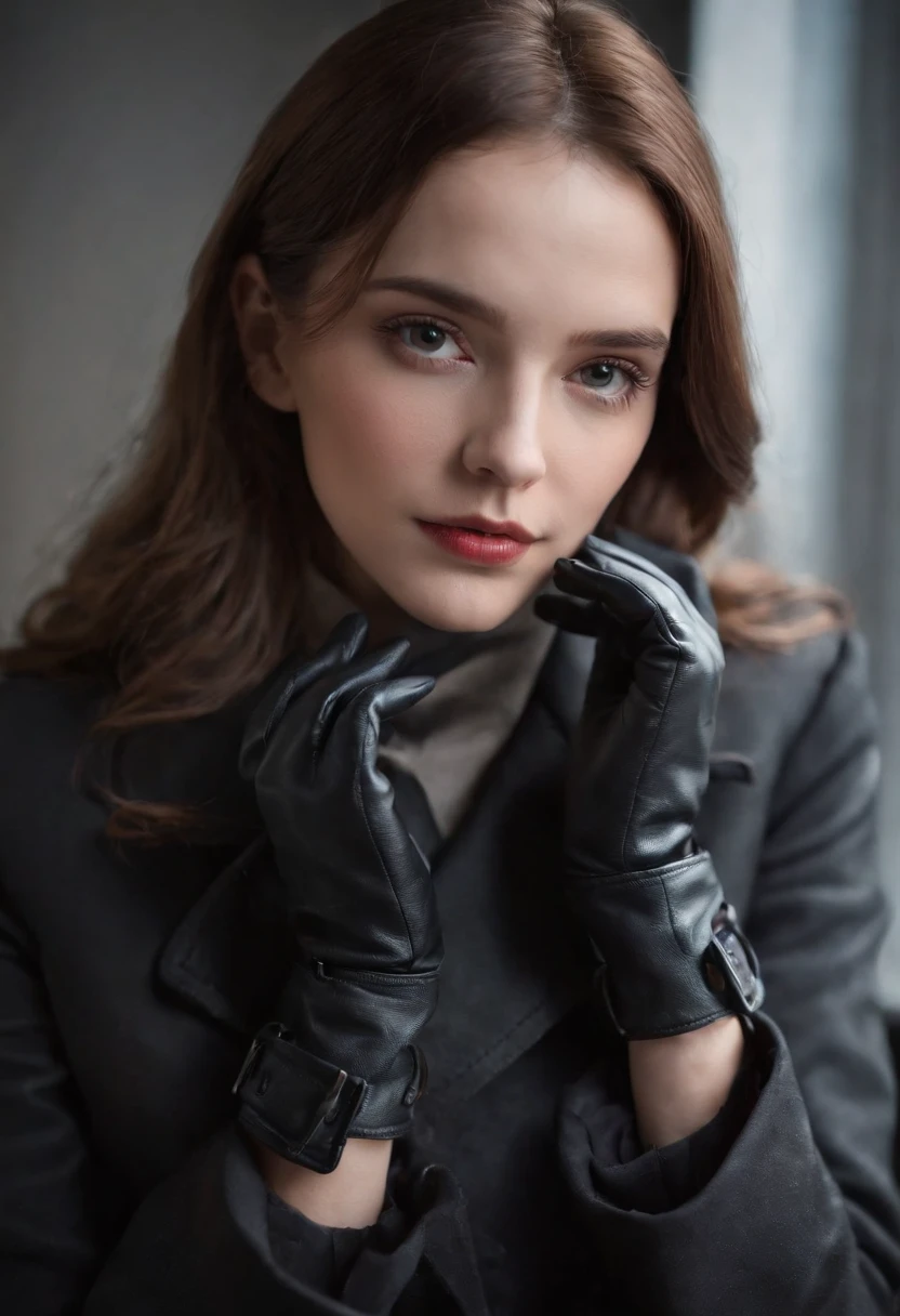 doll face　femele　trench coat　Black leather gloves