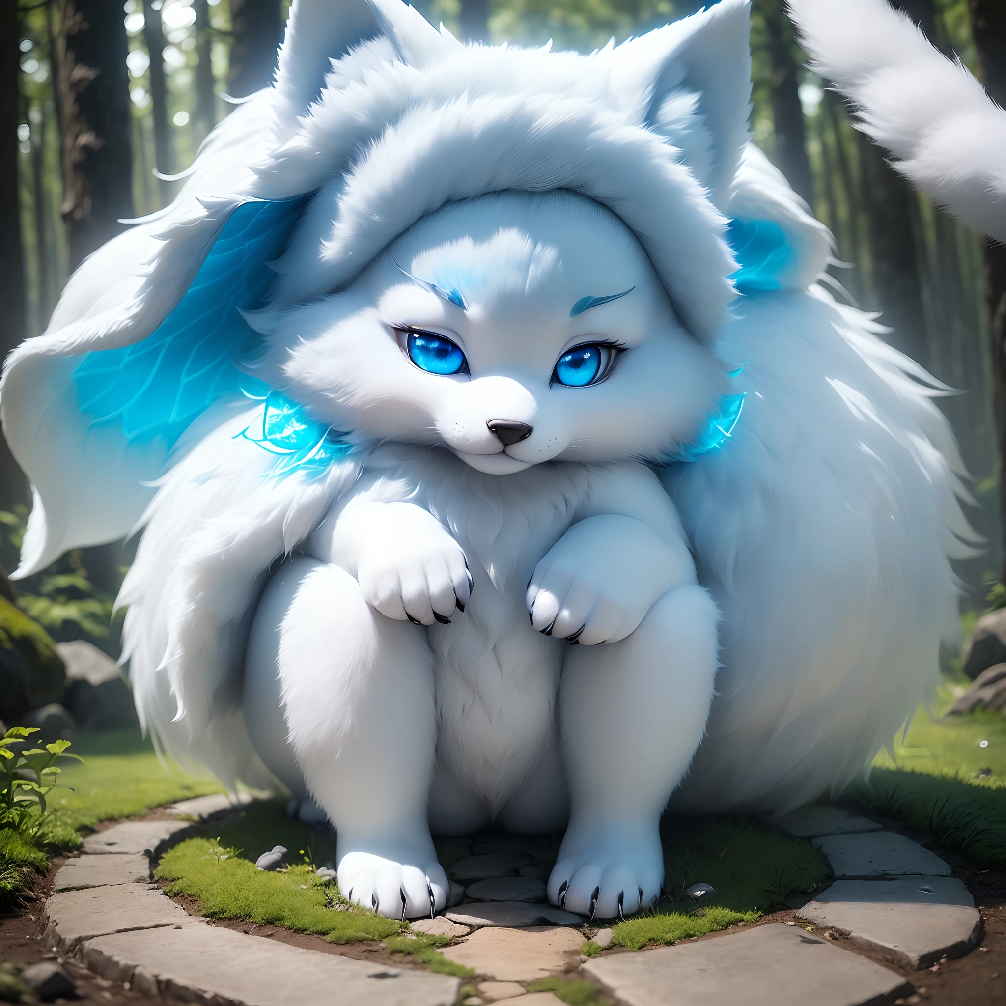 Anthropomorphic standing furry little wolf,adolable, Light:Extreme light and shadow,(anthr(Full Body Furry,Head bust close-up, Pale blue hair,Large pale blue ears,Big blue eyes,White fur,Reddish skin ,Sky blue eyes, Pale blue hair:1.2), (long canines、Thick blue cloak,White fur trims:1.2),(In the daytime、lawns)) ,((Deep in the forest at night,glowworm,Stone path,独奏,solo person)),((the detail)),(depth of fields)