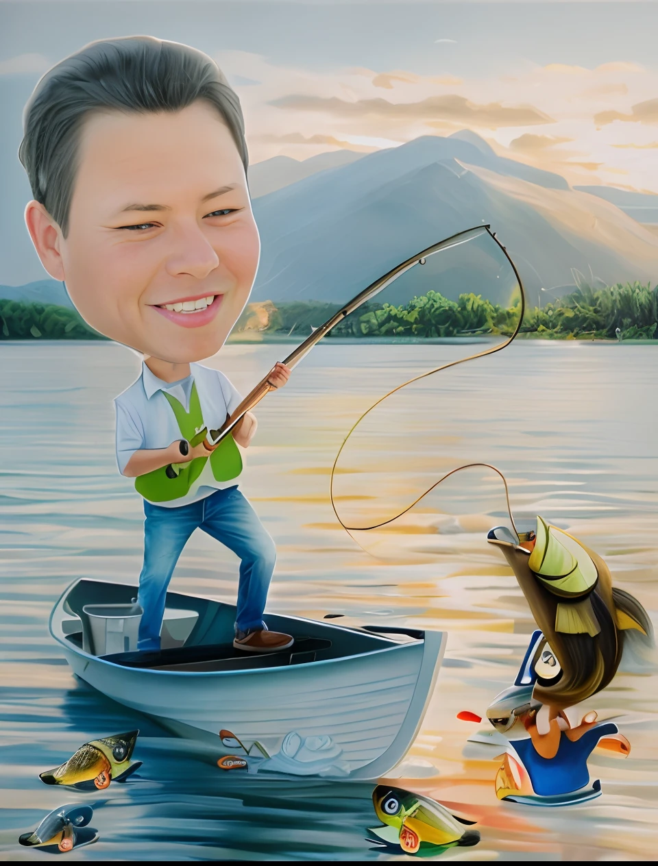 a cartoon of a young girl long hair fishing in a boat with a fish, caricature illustration, caricature style, fisherman, professional illustration, caricature, charicature, caricatural, fishing, cartoon illustration, fish man, in cartoon style, stylized digital illustration, cartoon artstyle, cartoon digital art, caricature!!!, cartoon style illustration, digital art cartoon, proffesional illustration(hyperrealism:1.1),(detailed:1.2)