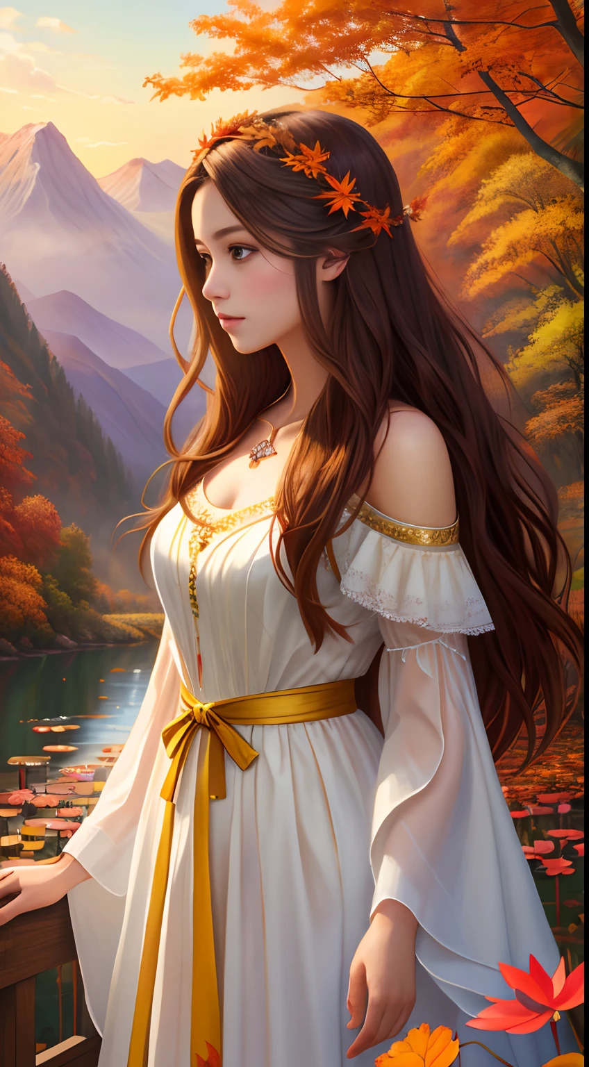 Woman in white dress, goddess of autumn,Beautiful teenage girl, Realistic painting style, Autumn background,Red maple forest,Lotus leaf,lotuses,Distant mountains,Sunset Dusk, Beautiful digital artwork, golden autumn, Guviz-style artwork, 🍁 Cute, photorrealistic concept art, landscape artwork, inspired by Magali Villeneuve, in fall, Photorealistic!!!!!!! Art style, Beautiful artwork, super realistic painting style
