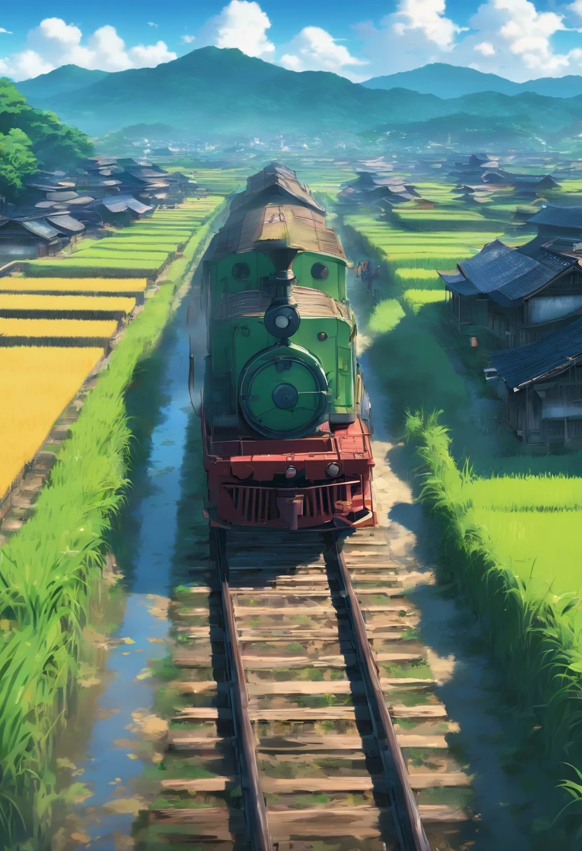 a masterpiece potroit of a cinematic scene of a train passing through an old village or near wet rice farm, where farmers are growing rices, anime style, ultradetailed ,4k