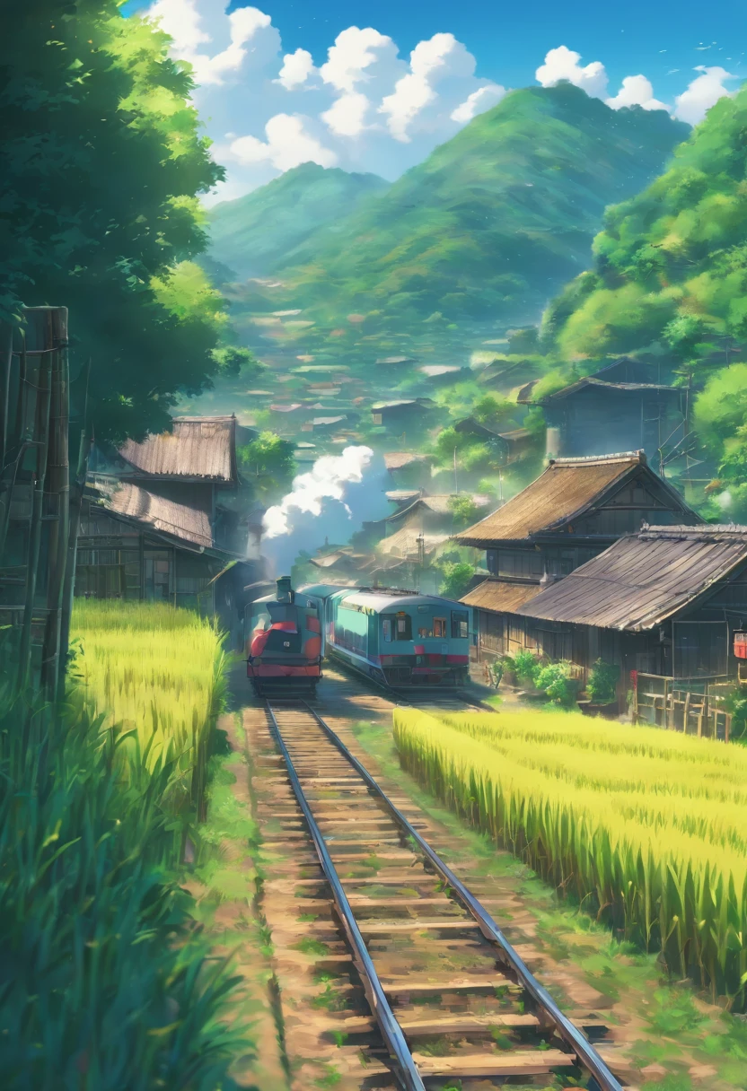a masterpiece potroit of a cinematic scene of a train passing through an old village or near wet rice farm, where farmers are growing rices, anime style, ultradetailed ,4k