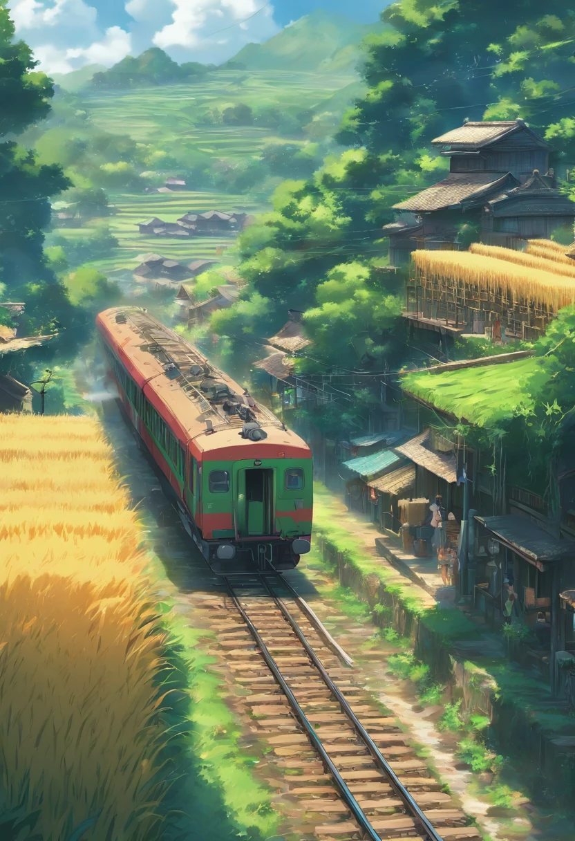 a masterpiece potroit of a cinematic scene of a train passing through an old village or near wet rice farm, where farmers are growing rices, anime style, ultradetailed ,4k