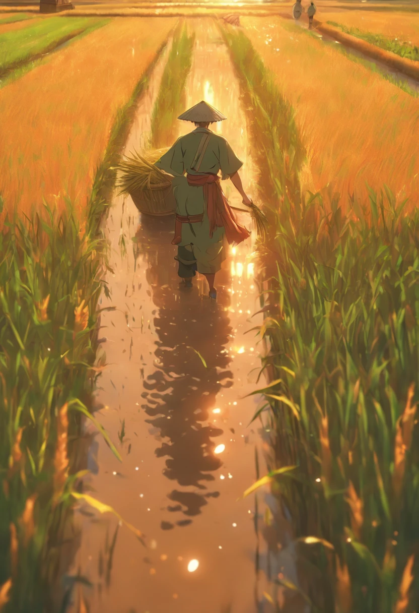 a masterpiece of a cinematic scene of farmers growing rice in wet land, anime style, ultradetailed, 12k, hyperdetailed