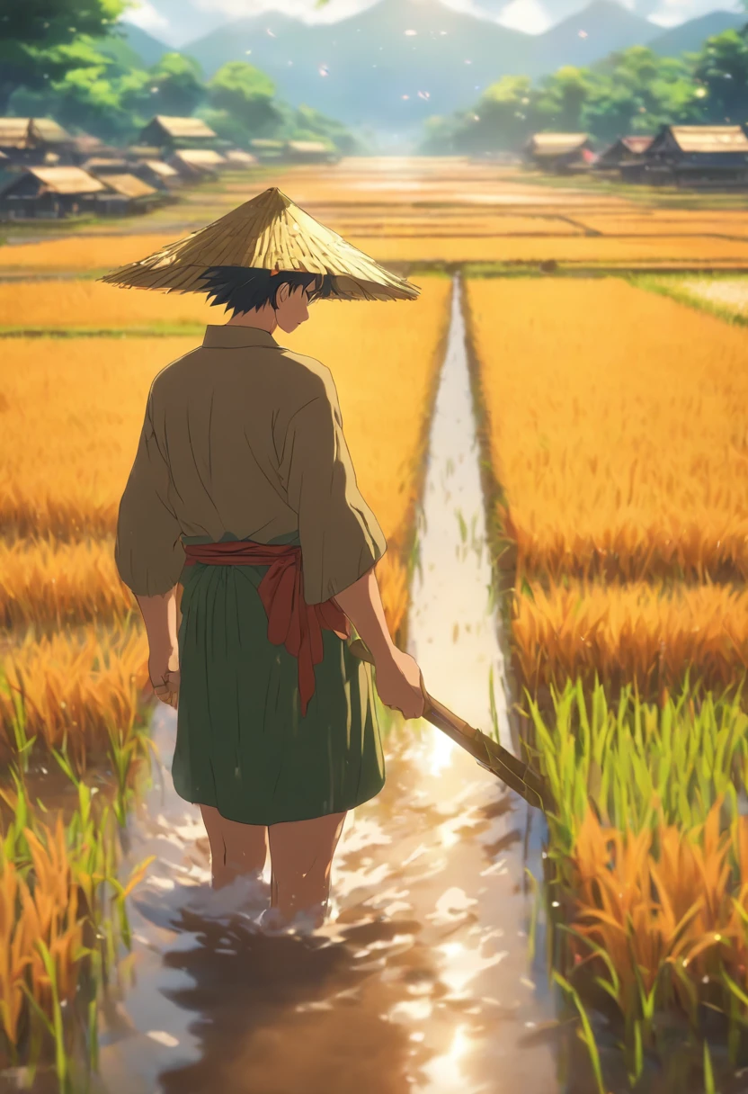 a masterpiece of a cinematic scene of farmers growing rice in wet land, anime style, ultradetailed, 12k, hyperdetailed