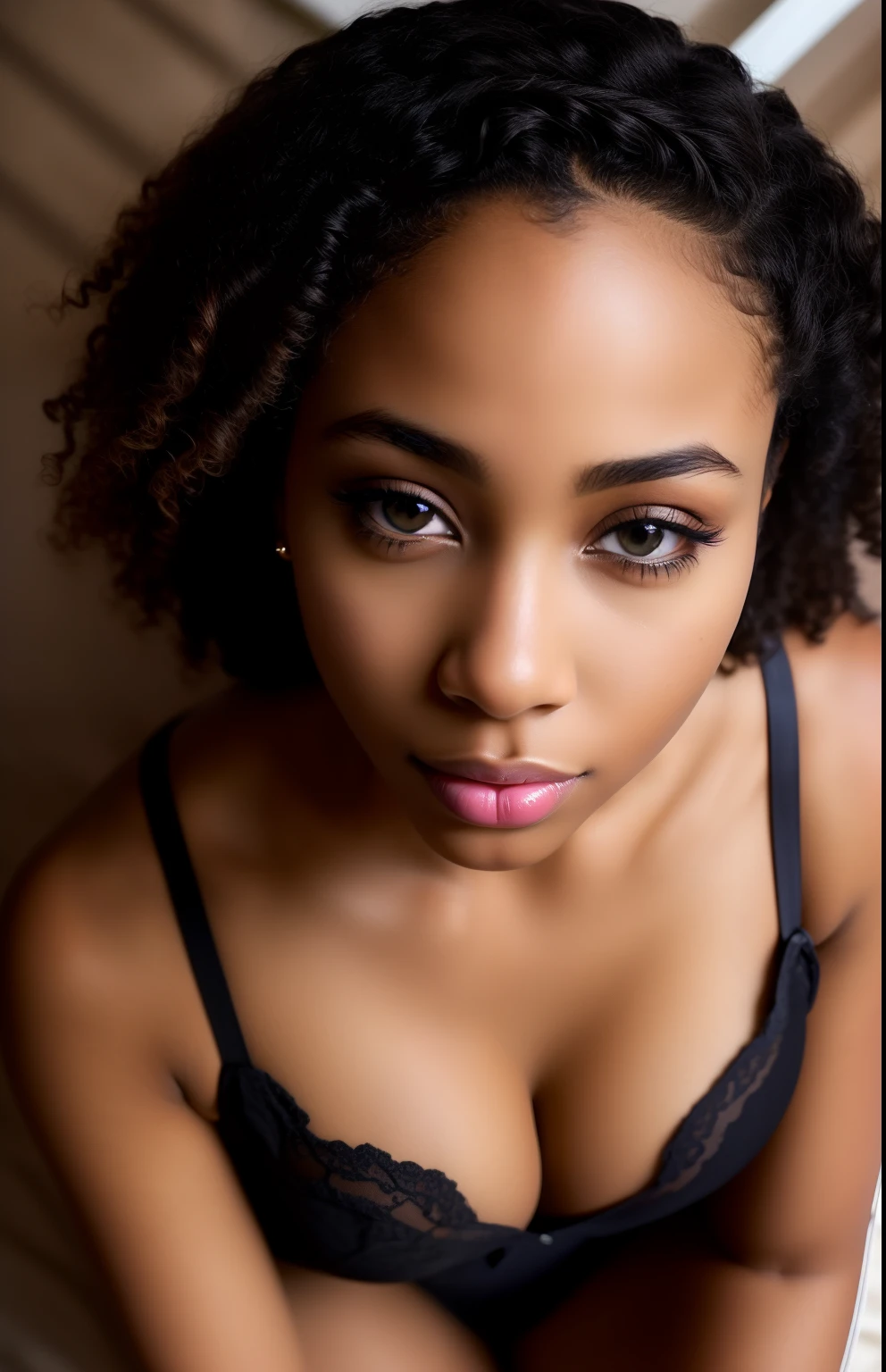 ((1 Young and beautiful light skin black girl:1.2)), Super beautiful detailed face, Stare at me, open mouth slightly, Highest Quality, High definition RAW color photos, Professional Photography, Cinematic lights, (Fine face:1.2), (View:1.2), ((cleavage:1.2)), Slender and beautiful girl, , detailed, Very thin pubic hair, Spread your legs open, Pleasure, feels good, Portrait of a beautiful girl, bedroom, (from above:1.3), (Best Quality:1.2), Super Detail, high details, masterpiece