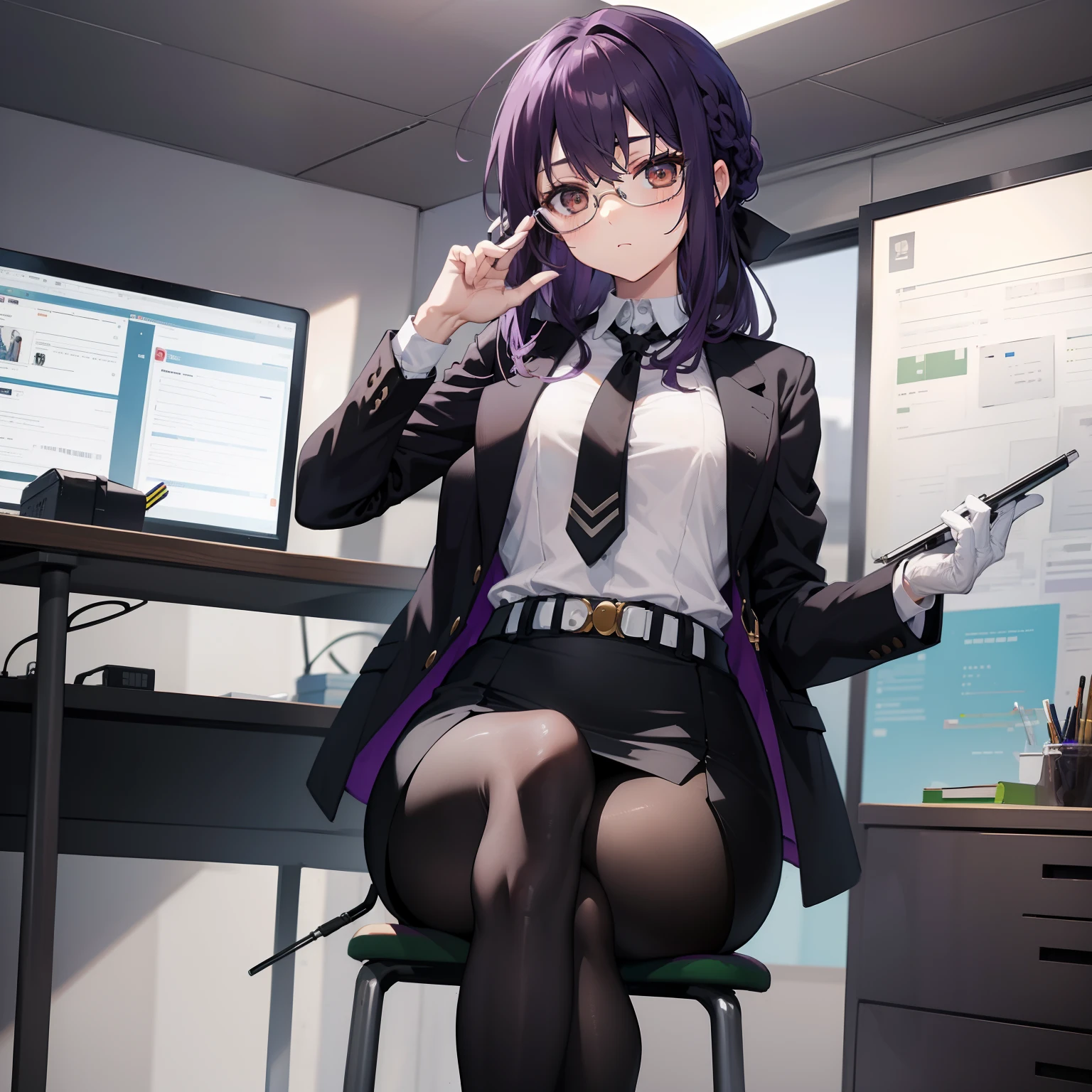 (Masterpiece), Best Quality, expressive eyes, a perfect face, 1girl, solo, purple hair, brown eyes, office clothes, white shirt, black jacket, unbuttoned blazer, black necktie, pencil skirt, black tights, transparent tights, black shoes, Cross-legged, Sitting in Office Chair, in the office, eyeglasses,