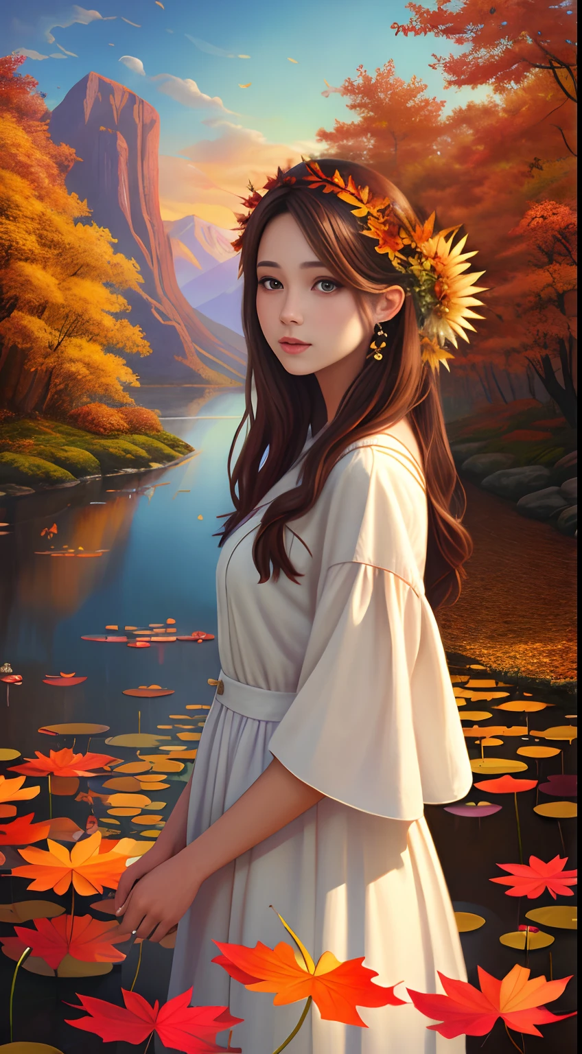 Woman in white dress, goddess of autumn,Beautiful age girl, Realistic painting style, Autumn background,Red maple forest,Lotus leaf,lotuses,Distant mountains,Sunset Dusk, Beautiful digital artwork, golden autumn, Guviz-style artwork, 🍁 Cute, photorrealistic concept art, landscape artwork, inspired by Magali Villeneuve, in fall, Photorealistic!!!!!!! Art style, Beautiful artwork, super realistic painting style