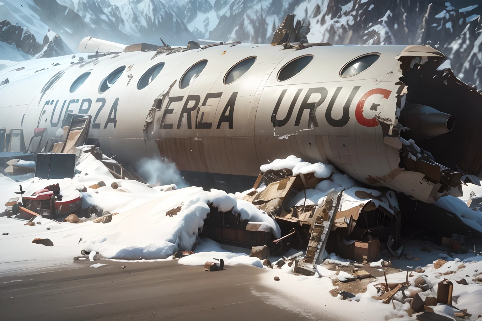 "Develop a realistic plane crash scene, showing the wreckage of the aircraft scattered in the snowy mountainous landscape."