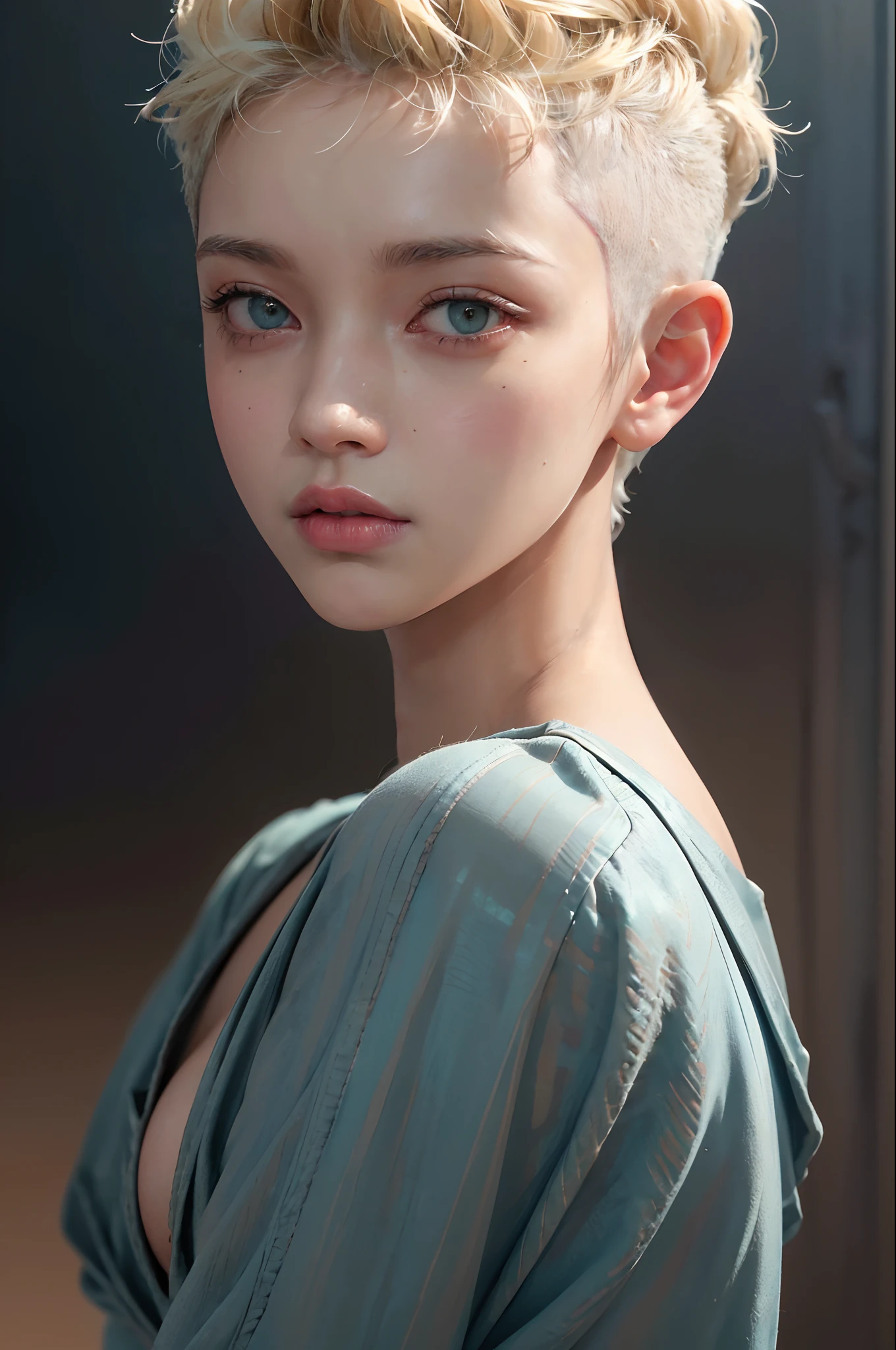 a blond, Wavy short hair,(hi-top fade:1.3), dark theme, soothing tones, muted colors, High contrast, (Natural skin texture, hyperrealism, Soft light, edgy),exposure blend, medium shot, Bokeh, (HDR:1.4), High contrast, (films, teal and orange:0.85), (muted colors, faded colors, soothing tones:1.3), Low saturation, (hyperdetailed:1.2), (black:0.4)