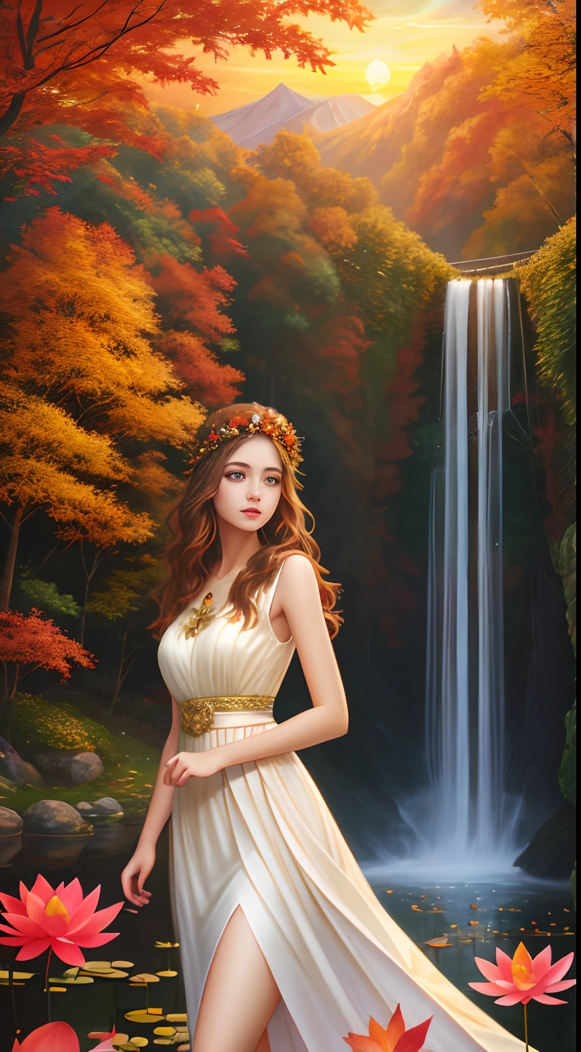 Woman in white dress, goddess of autumn,Beautiful teenage girl, Realistic painting style, Autumn background，Red maple forest，Lotus leaf，lotuses，Distant mountains，Sunset Dusk, Beautiful digital artwork, golden autumn, Guviz-style artwork, 🍁 Cute, photorrealistic concept art, landscape artwork, inspired by Magali Villeneuve, in fall, Photorealistic!!!!!!! Art style, Beautiful artwork, super realistic painting style
