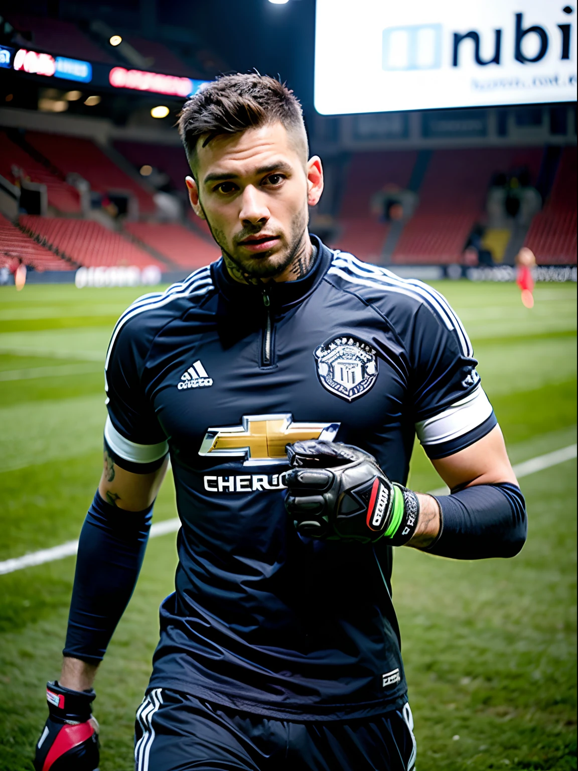 Homem Soccer Player Goalkeeper with tattoos, goalkeeper glove on his hand, in Manchester United, Photography during the game on the field