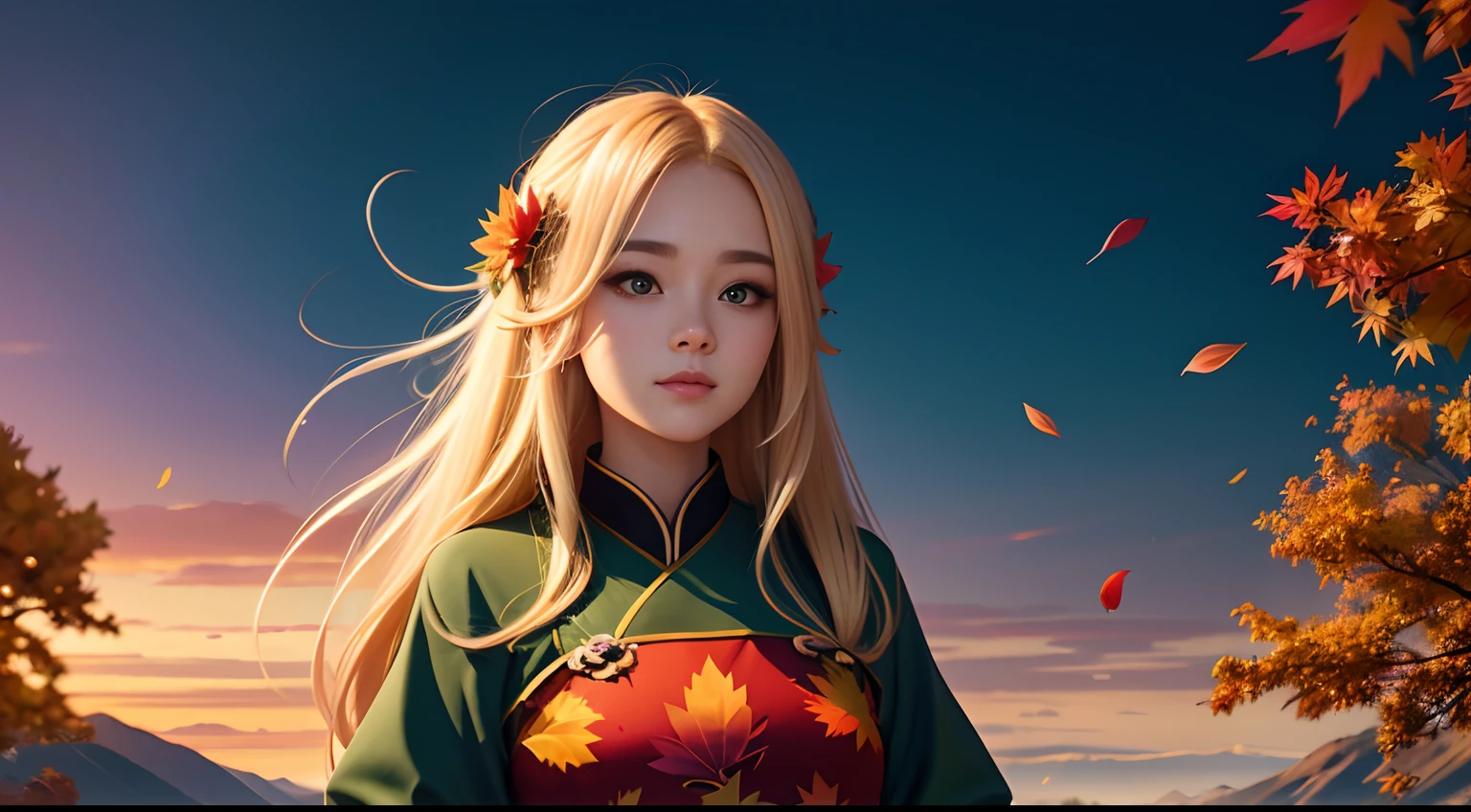 Close up of a woman with long blonde hair and green dress, 🍁 Cute,Autumn background,Red maple forest,Lotus leaf,lotuses,Distant mountains,Sunset Dusk, Guviz-style artwork,, Guviz, Beautiful image, Girl, 🌺 CGSesociety, 🍂 Cute, Beautiful digital illustration, Beautiful character painting, Beautiful teenage girl, Guweiz in Pixiv ArtStation, Fanart Meilleure ArtStation