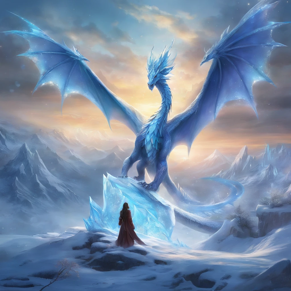 qualidade superior, obra prima, ultra-detalhada, Foto RAW, (Fotorrealista:1.4), In the realm of fantasy, a magnificent white dragon soared through the skies. Its massive wings, like glistening sheets of frost, carried it effortlessly through the air. Its scales were a brilliant and pure white, shimmering with an otherworldly radiance that reflected the light like a thousand diamonds.The dragon's eyes, as cold and blue as glacial ice, held an ancient wisdom and a hint of benevolence. Its long, sinuous body curved gracefully as it glided, and its tail, adorned with sharp icicle-like spikes, trailed behind like a frozen comet.With each beat of its wings, the dragon exhaled icy breath that crystallized into intricate patterns of frost in the air. It was a creature of power and grace, a guardian of the frozen realms, and its presence in the skies filled the hearts of all who saw it with both awe and wonder. Estilo Europeu, Pale lighting, Noite, profundidade de campos