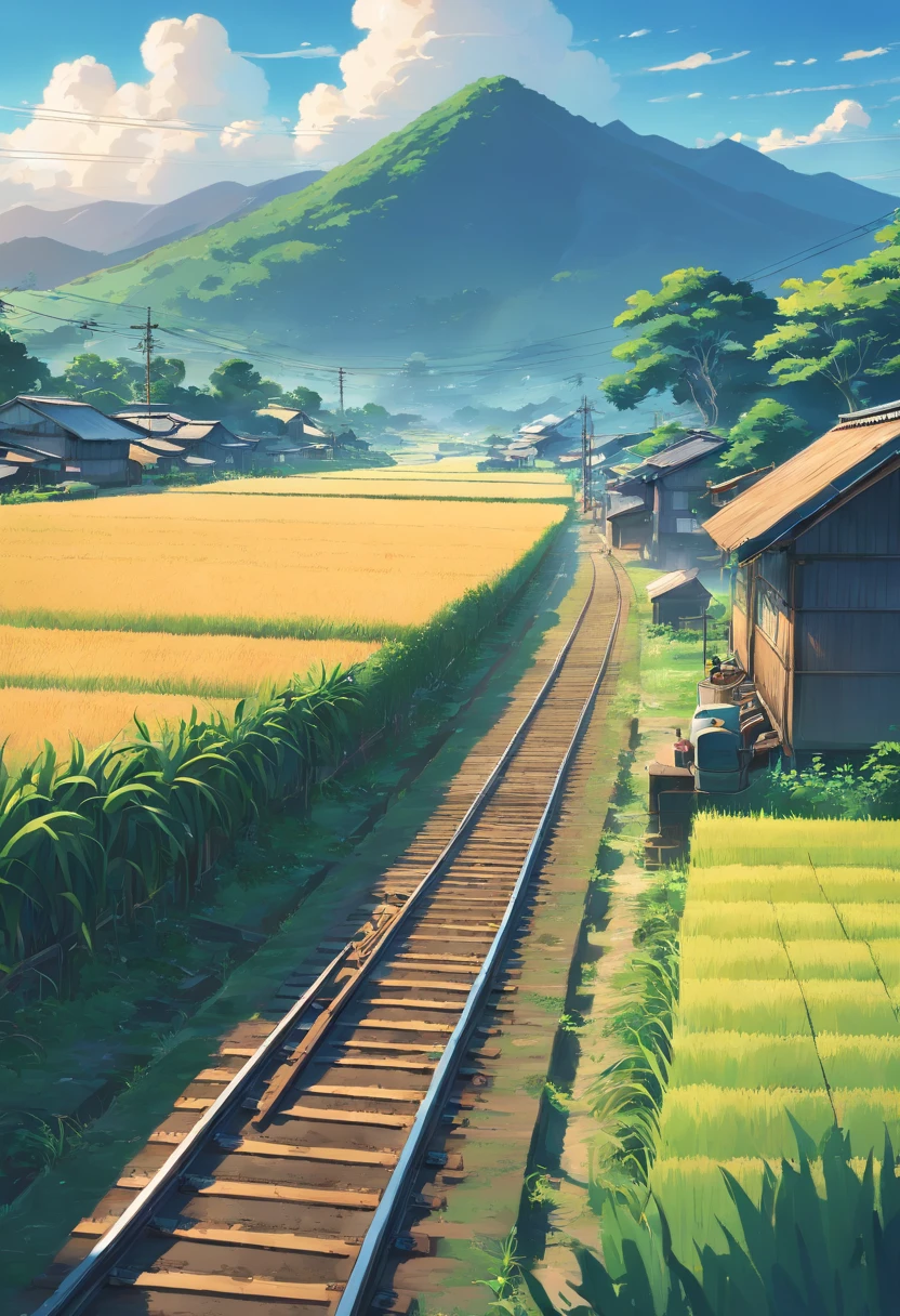 a masterpiece potroit of a cinematic scene of a train passing through an old village or near wet rice farm, where farmers are growing rices, anime style, ultradetailed ,4k
