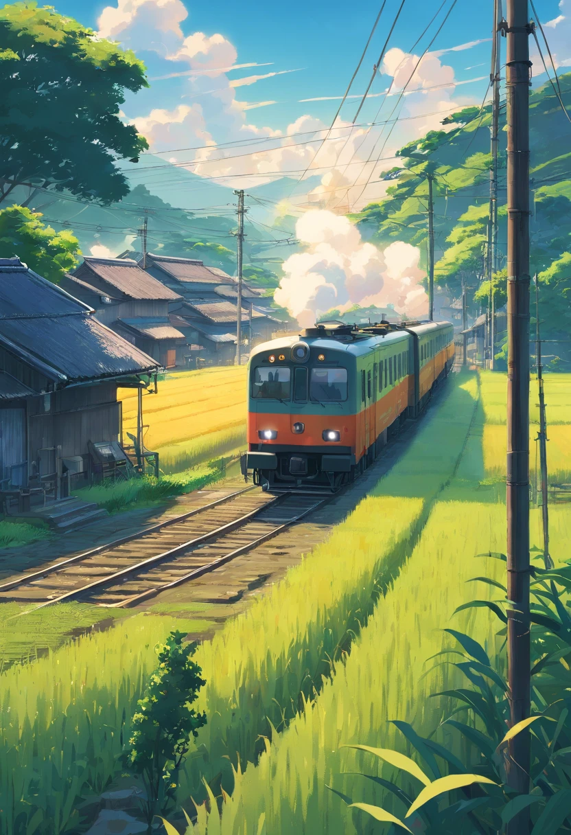 a masterpiece potroit of a cinematic scene of a train passing through an old village or near wet rice farm, where farmers are growing rices, anime style, ultradetailed ,4k