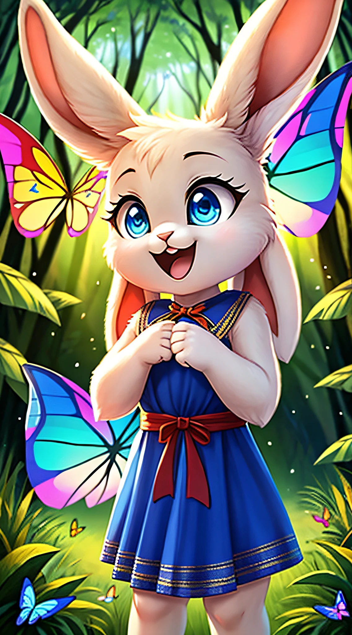 zoomed out image, fantasy style art, cute, adorable, short character, small, tiny, baby fluffy female white bunny with blue eyes, 4 ears, 2 extra ears, big floppy ears, long ears, ears perked up, raised ears, long eyelashes, wearing a red frilly ribbon dress, standing in a forest, colorful butterflies, big expressive smile, open mouth, wide eyes, excited eyes, excited face, stunning visuals, sunrays, digital illustration