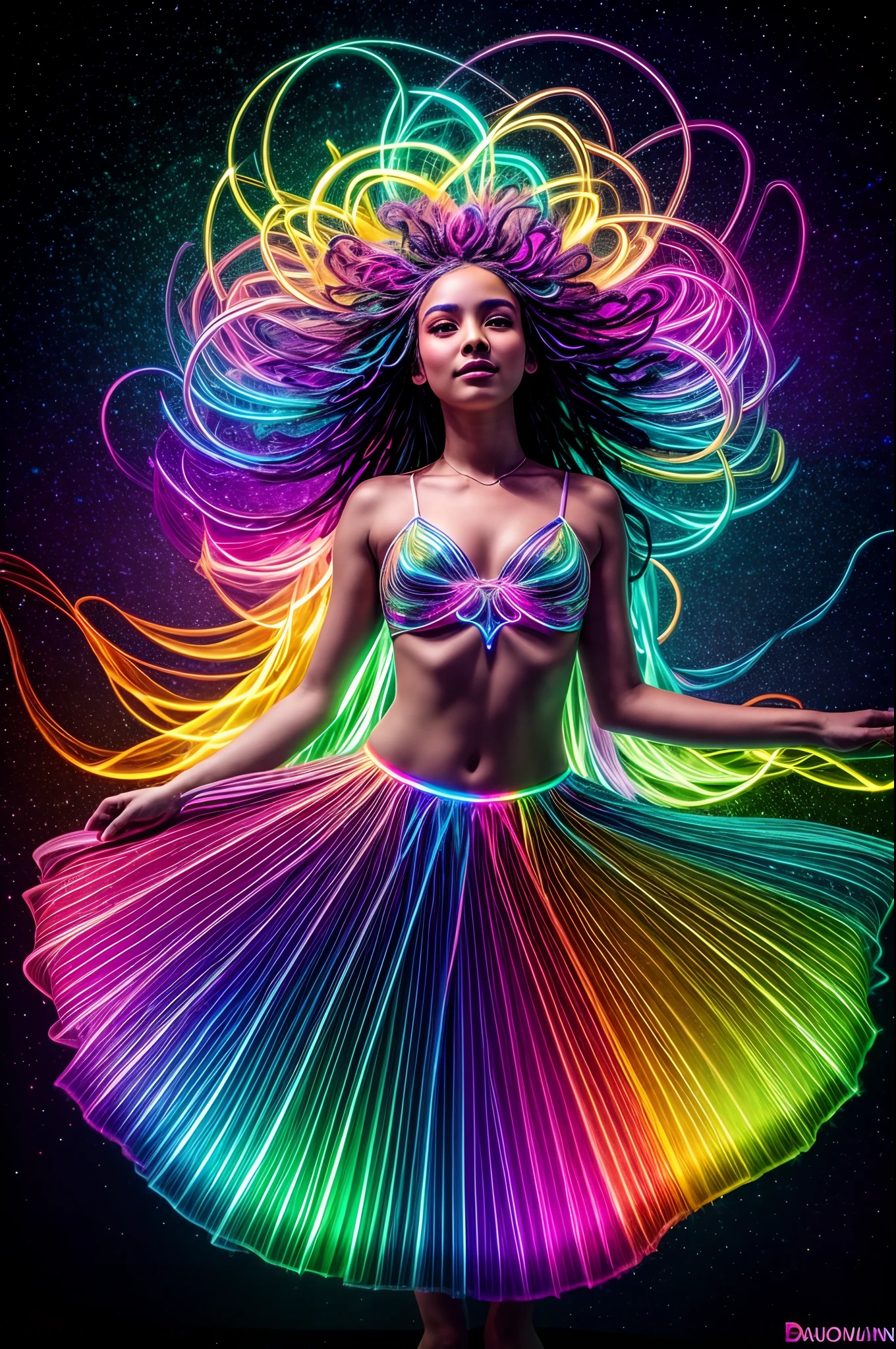 In a mesmerizing display of bioluminescent brilliance, a radiant girl emerges glowing with vibrant hues that dance and swirl like illuminated rainbow ribbons. As she moves, her luminous presence paints the world with cascades of enchanting rainbow colors, casting a spell of awe and wonder upon all who behold her ethereal beauty.