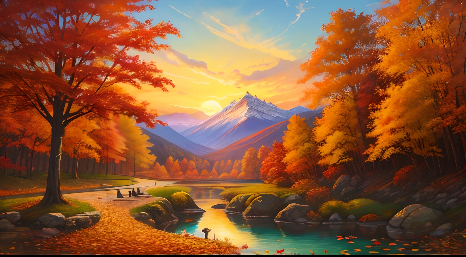 Woman in white dress, goddess of autumn,Beautiful teenage girl,🍁 Cute, Realistic painting style, Autumn background,Red maple forest,Lotus leaf,lotuses,Distant mountains,Sunset Dusk, Beautiful digital artwork, golden autumn, Guviz-style artwork, 🍁 Cute, photorrealistic concept art, landscape artwork, inspired by Magali Villeneuve, in fall, Photorealistic!!!!!!! Art style, Beautiful artwork, super realistic painting style
