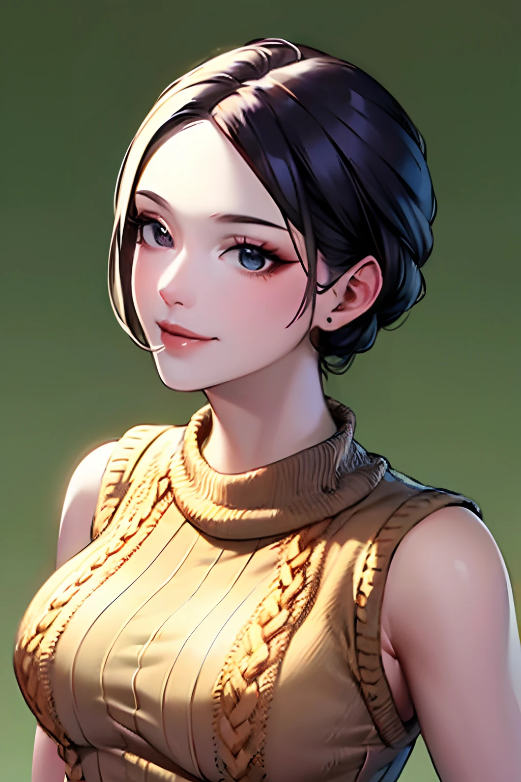 (masutepiece, Highest Quality), Beautiful and aesthetic, 1womanl, Idol, Elegant, (25 years old), Portrait, lightsmile, (Sleeveless knitwear), Entire upper body, Simple background,