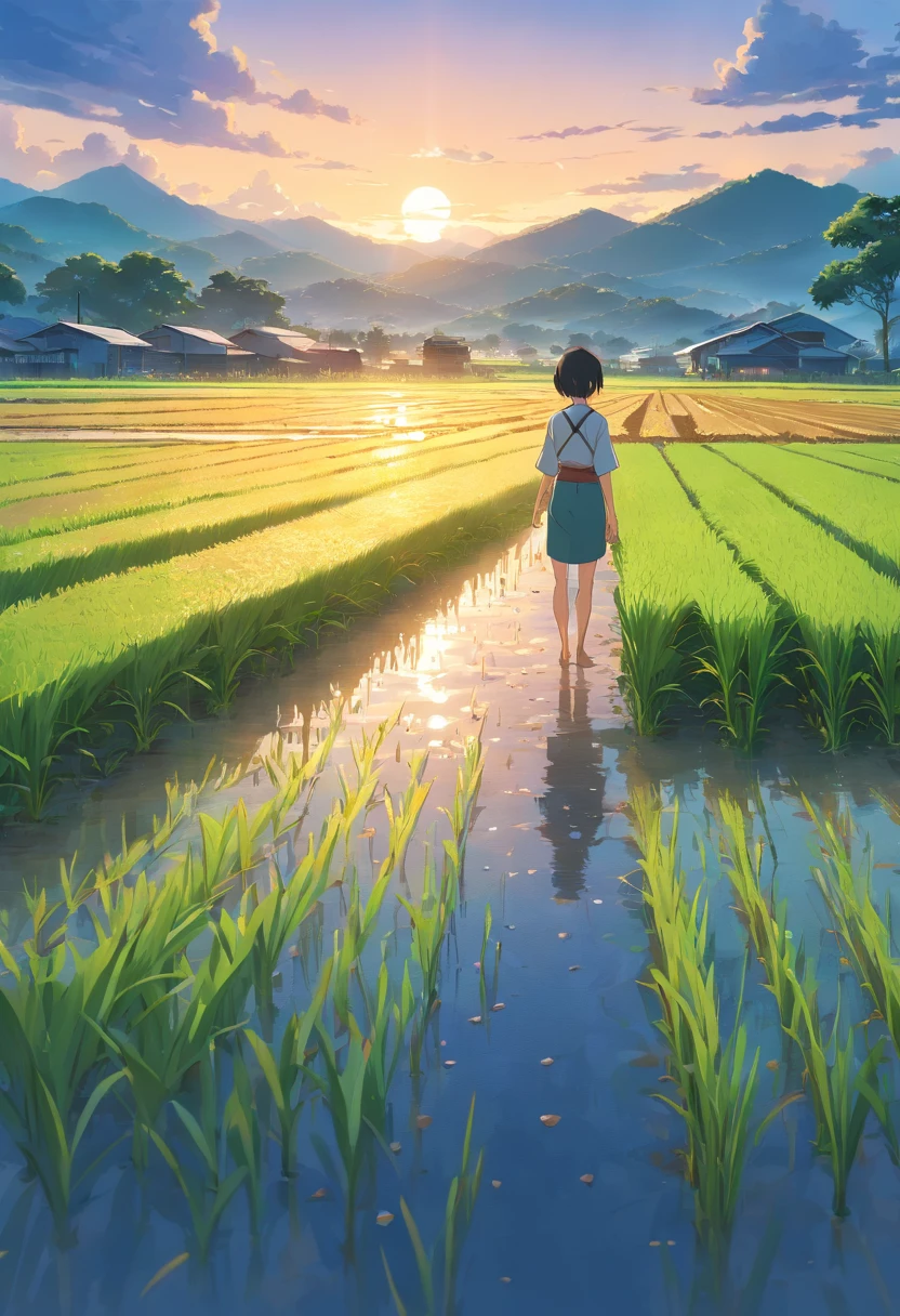 a masterpiece of a cinematic scene of farmers growing rice in wet land, anime style, ultradetailed, 12k, hyperdetailed