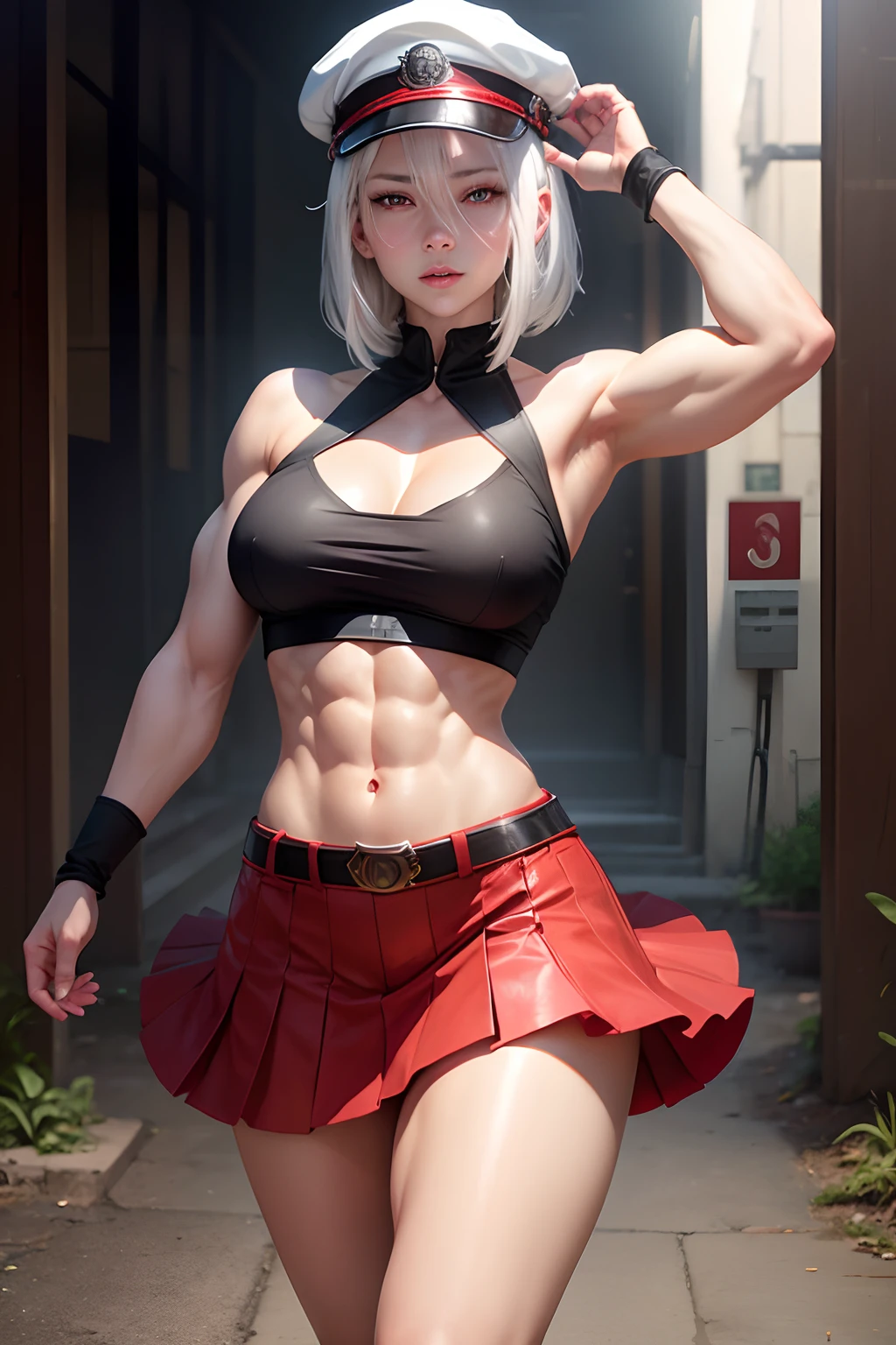 realistic, 1girl, white hair, red eyes, glowing eyes, skirt, parted lips, blush, abs, muscles, biceps, sunny, hat