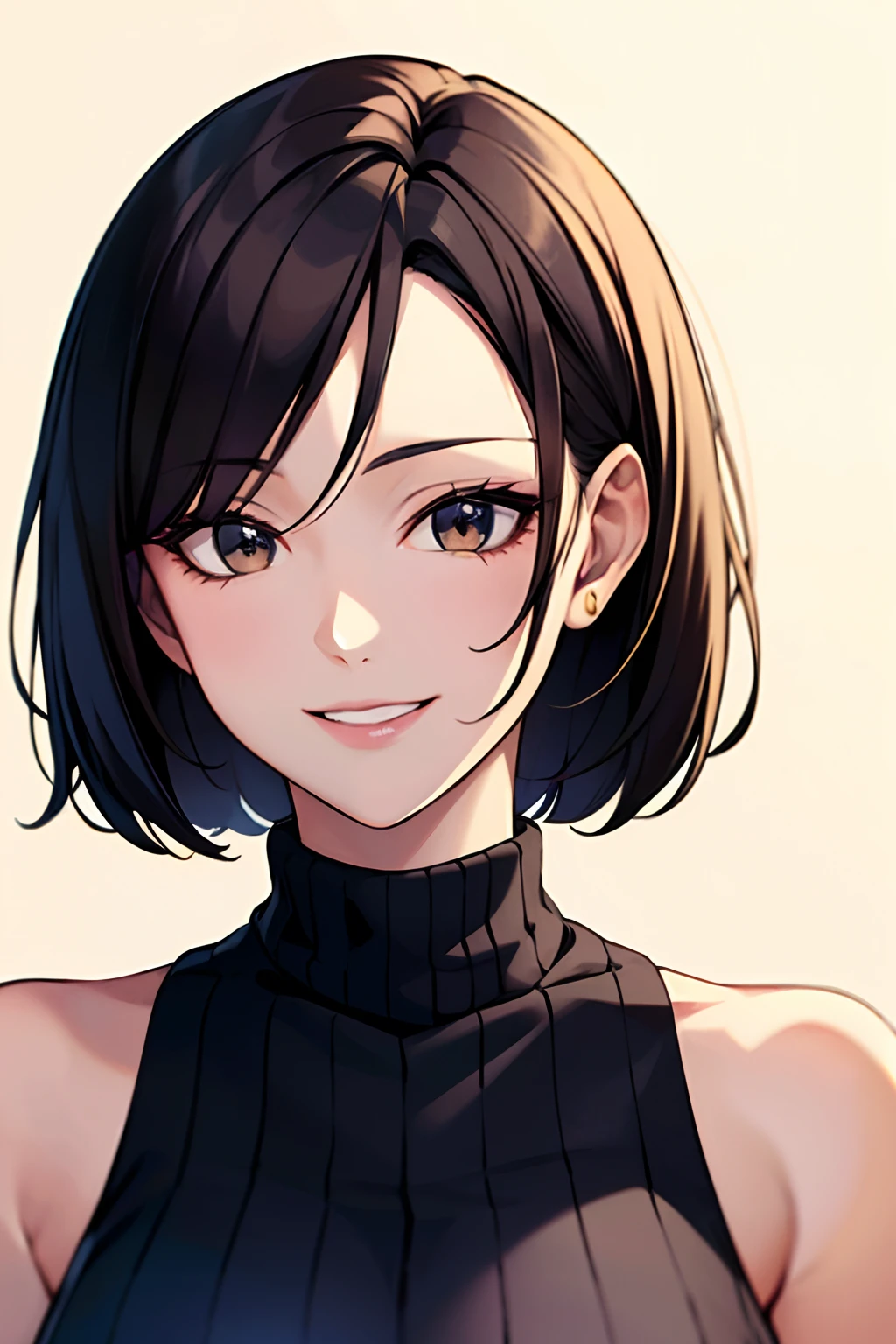 (masutepiece, Highest Quality), Beautiful and aesthetic, 1womanl, Idol, Elegant, (25 years old), Portrait, lightsmile, (Sleeveless knitwear), Entire upper body, Simple background,